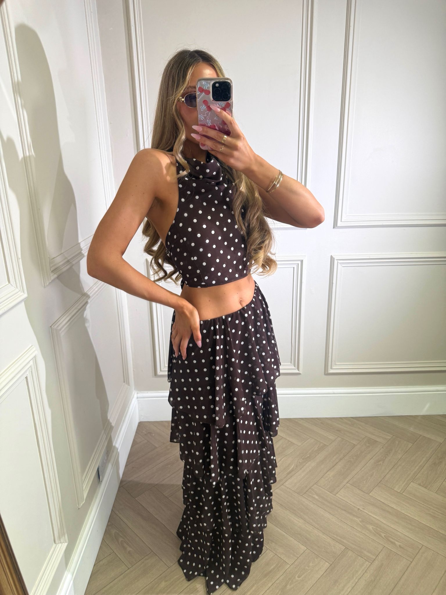 Maxi ruffle dot skirt set - brown