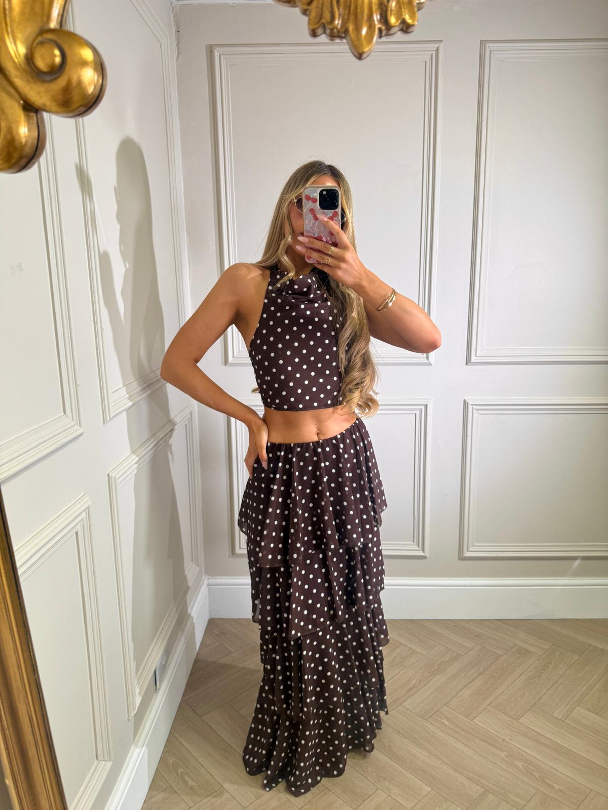 Maxi ruffle dot skirt set - brown
