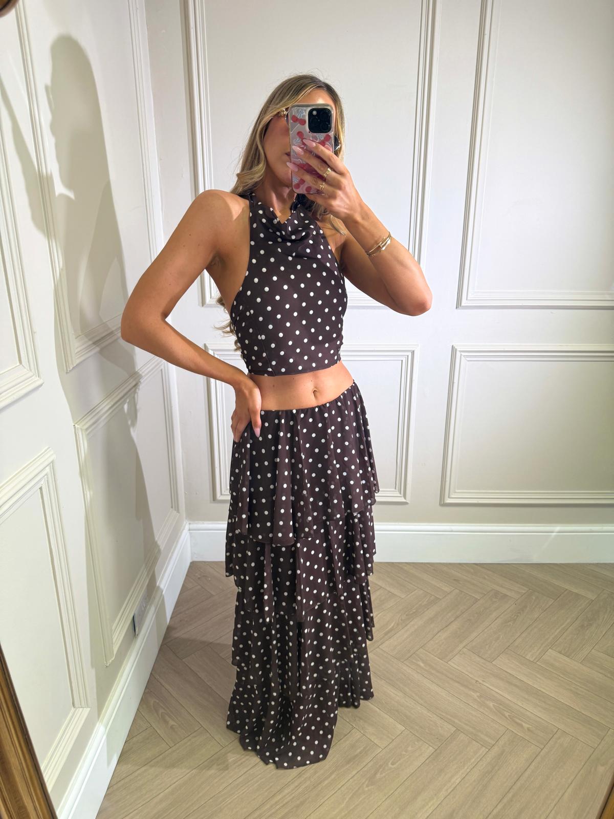 Maxi ruffle dot skirt set - brown