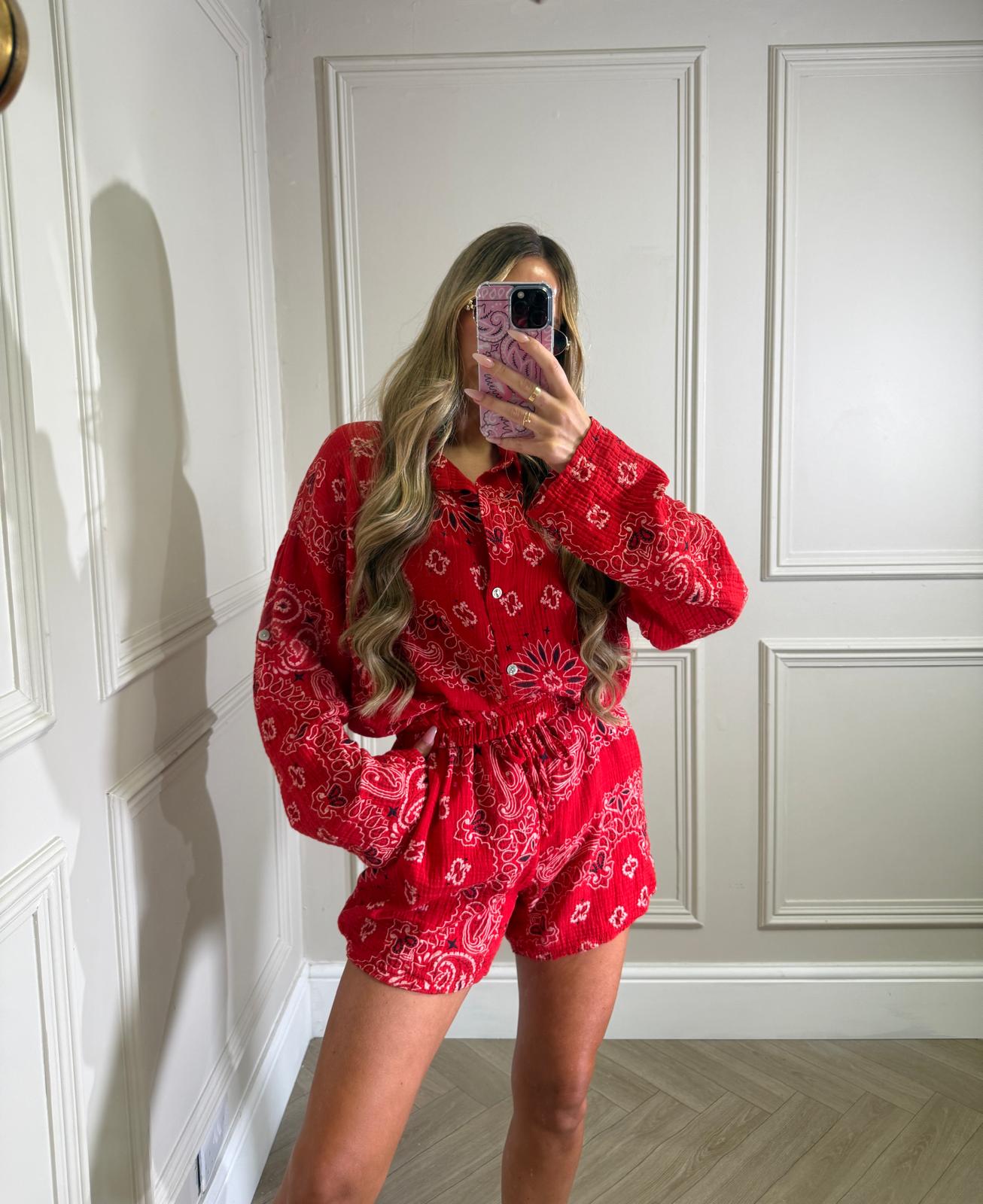 Bandana cheesecloth short co-ord - red