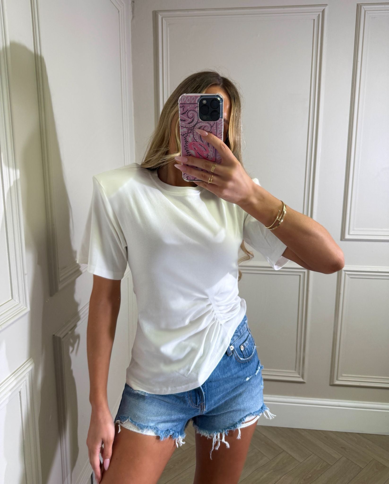 Shoulder pad ruched tee - white