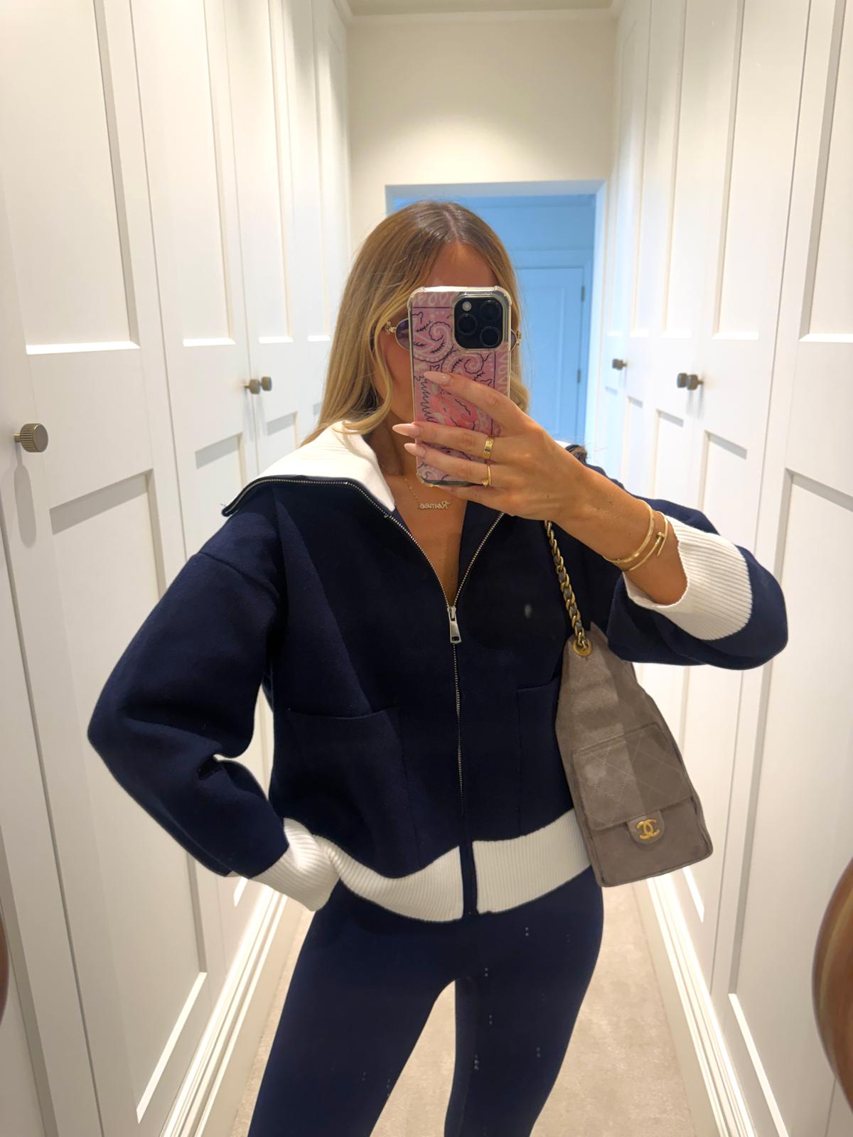 Knit cardigan jacket - navy & cream