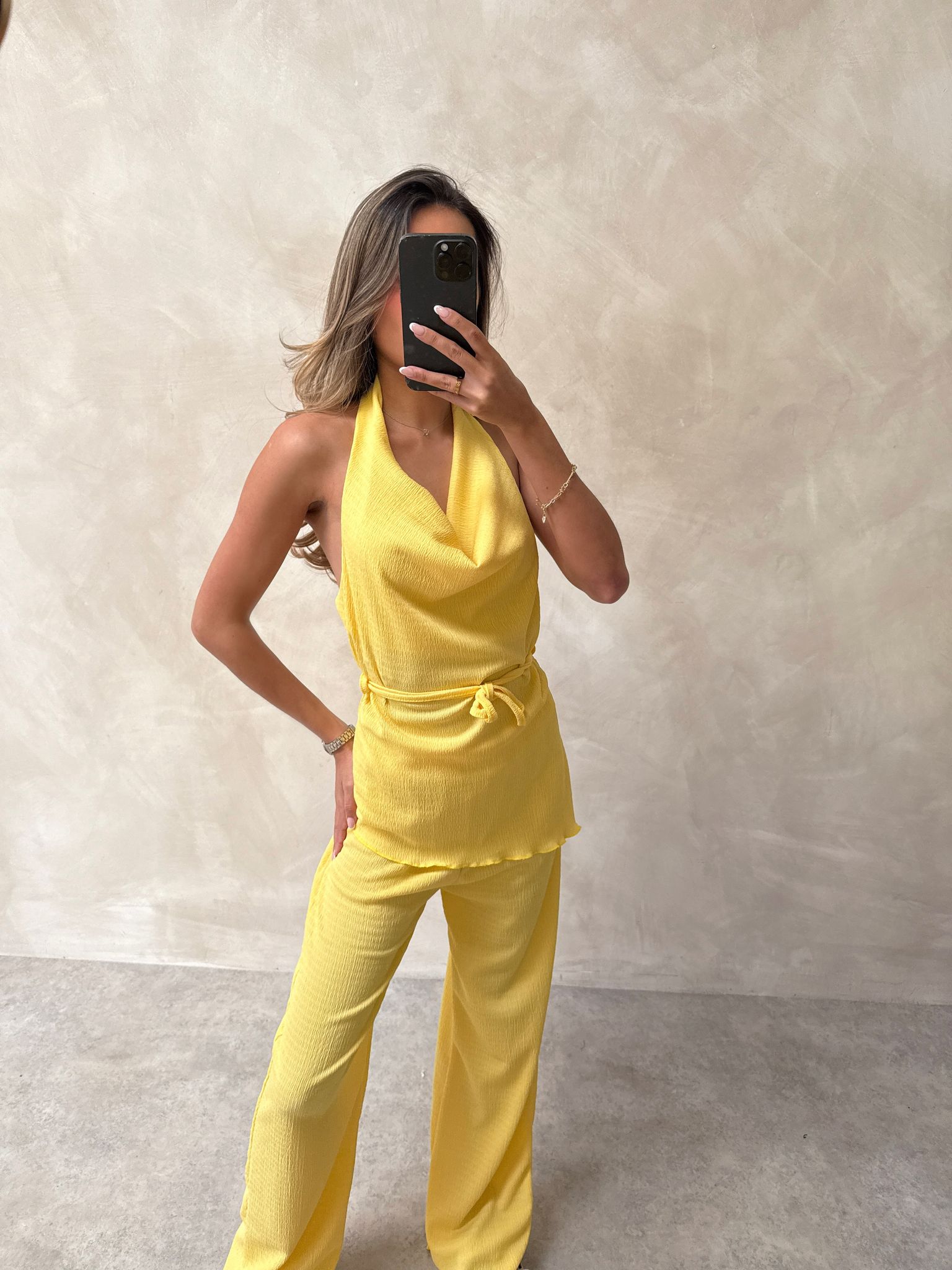 Halterneck cheesecloth trouser set - yellow