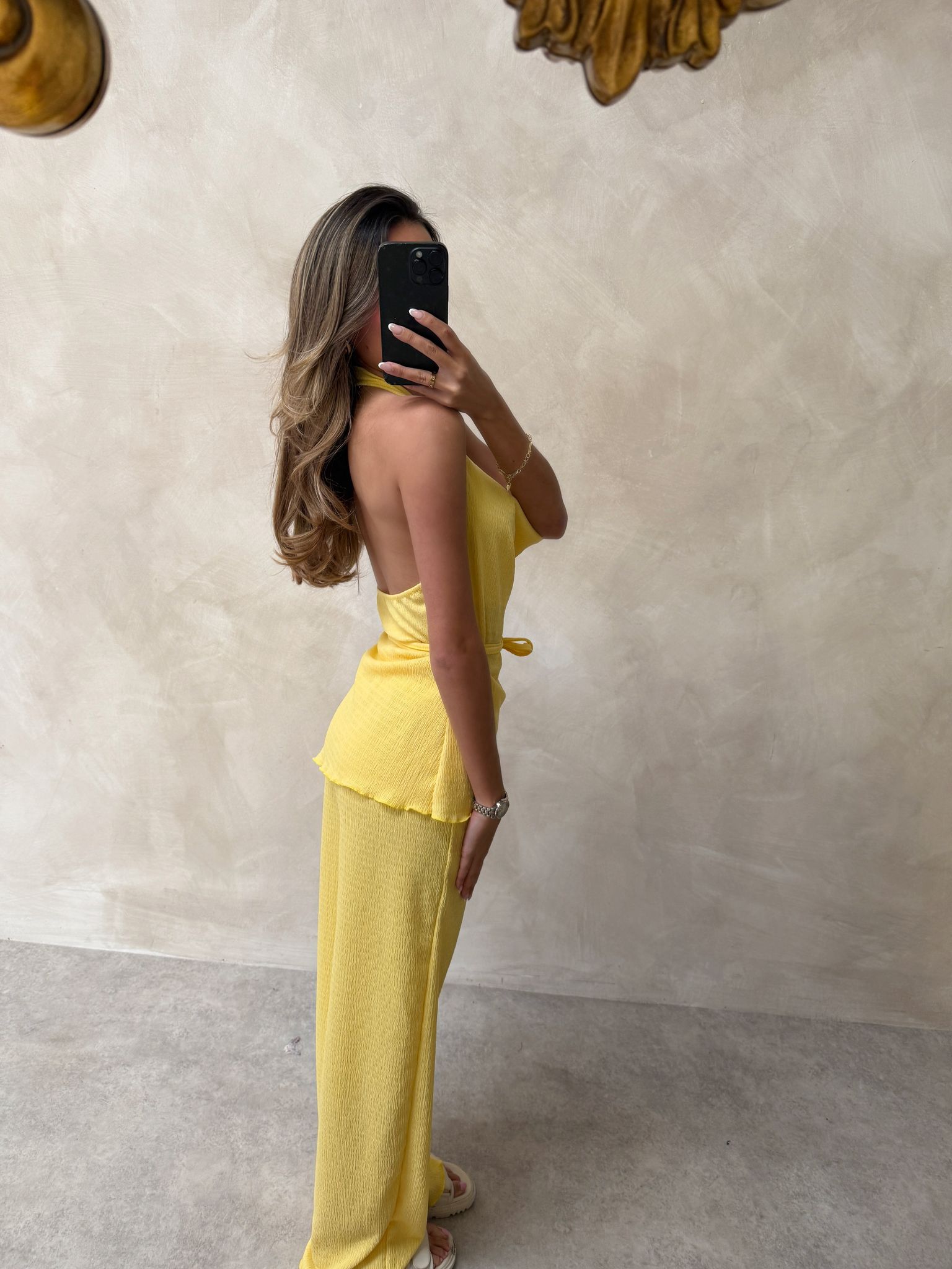 Halterneck cheesecloth trouser set - yellow