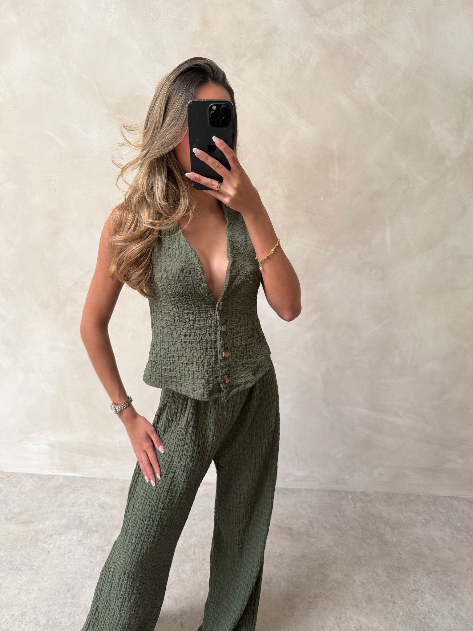 Livvy cheesecloth waistcoat set - khaki