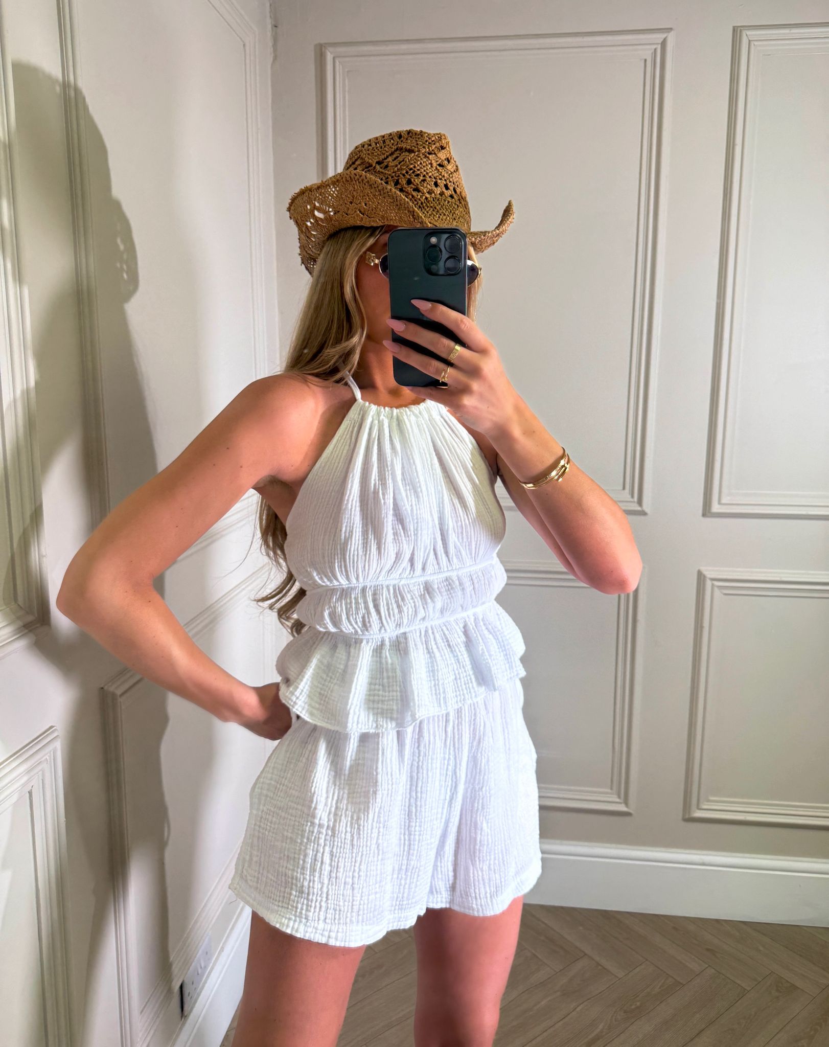 Strap Cheesecloth short set - white