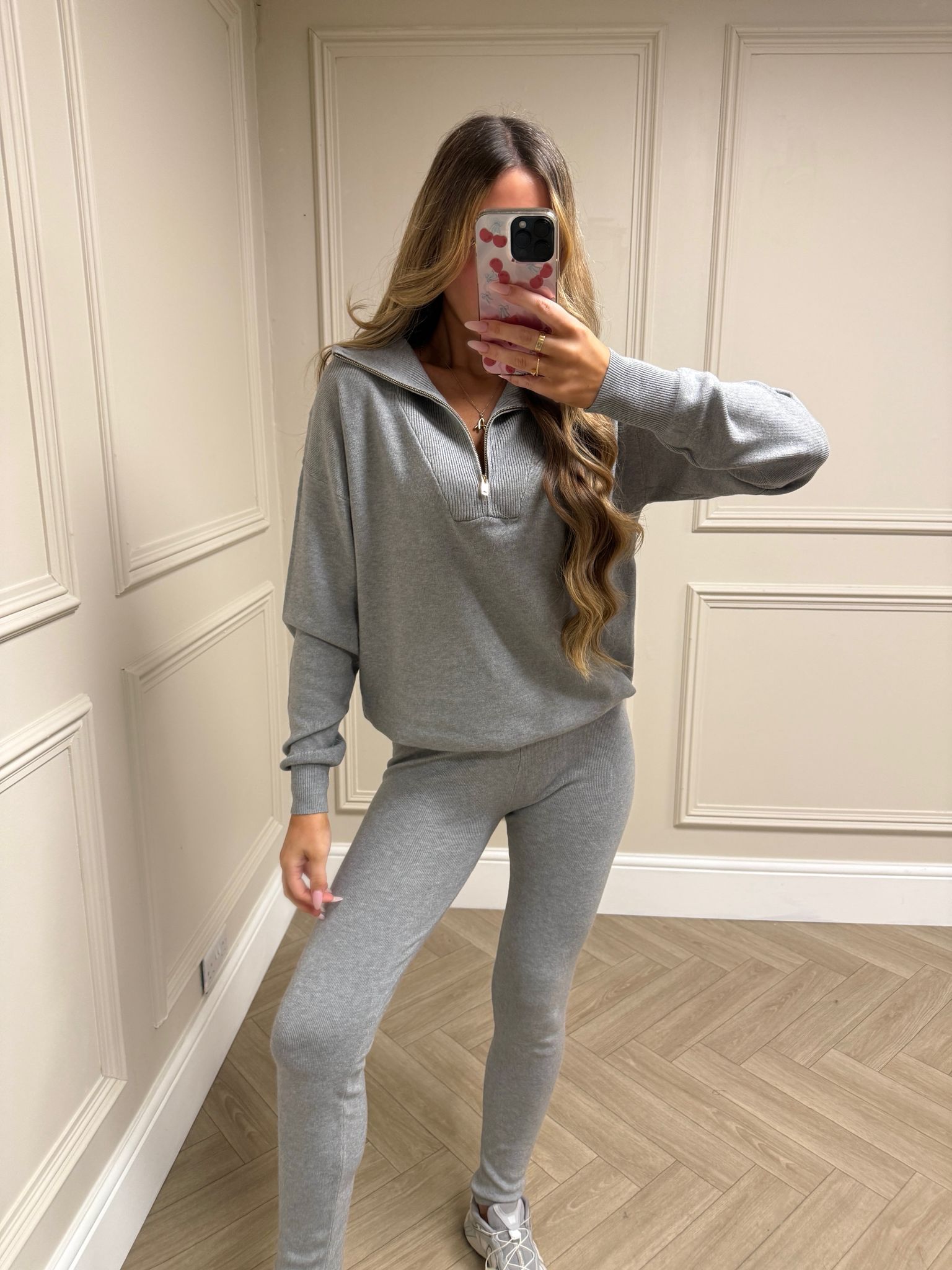 Quarter zip knit lounge set - grey