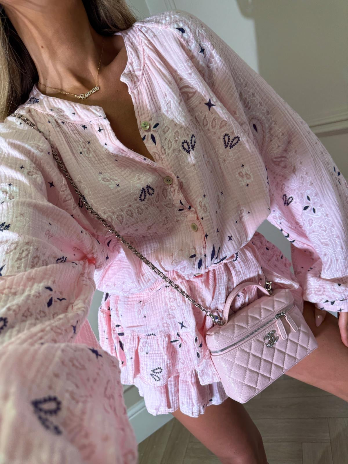 Grandad collar cheesecloth co-ord - Bandana pink