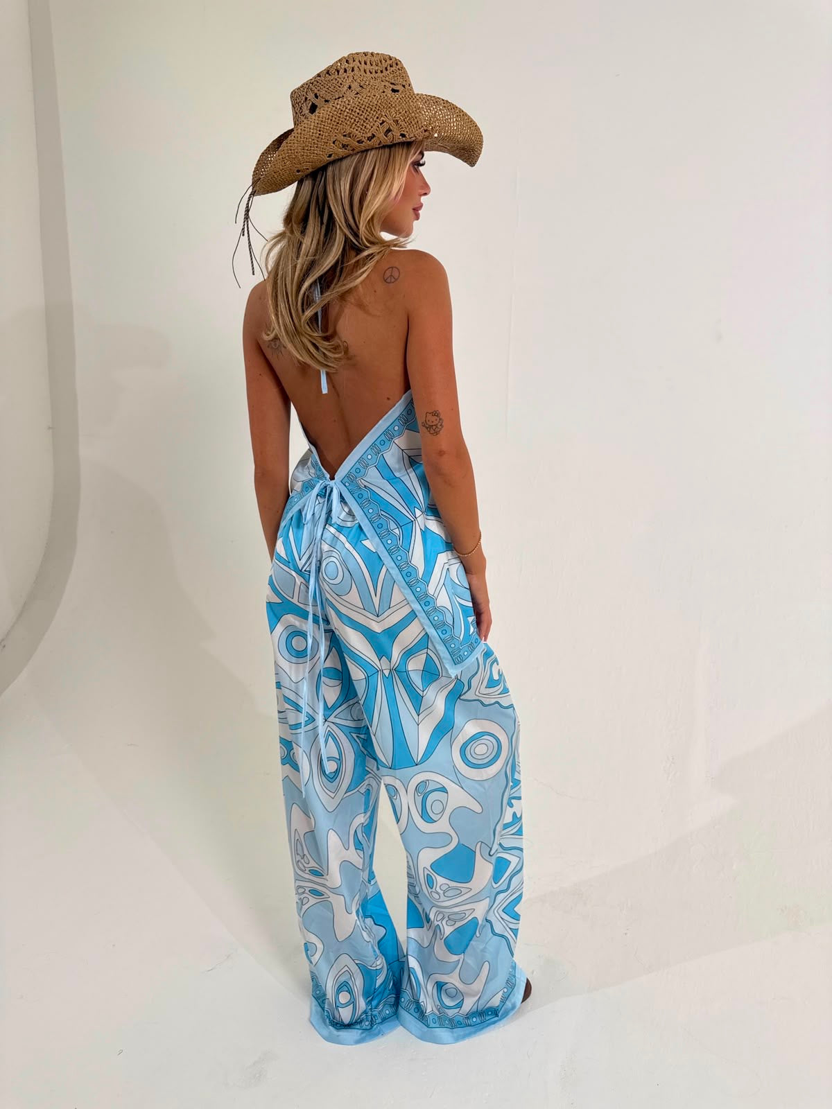 Pattern halterneck top & trouser set - blue