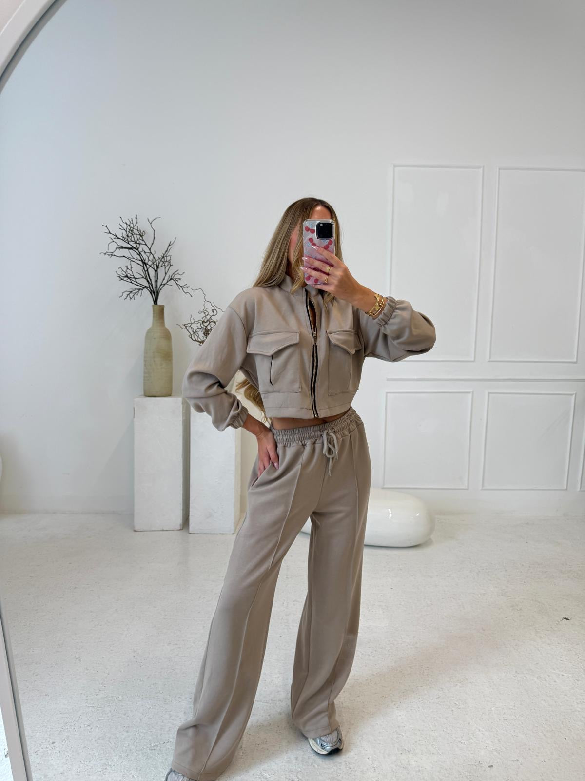 Gold zip pocket tracksuit - taupe