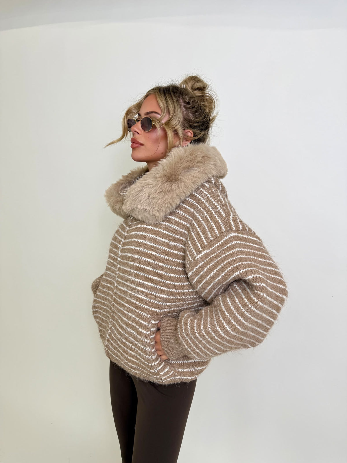 Stripe faux fur cardigan - beige
