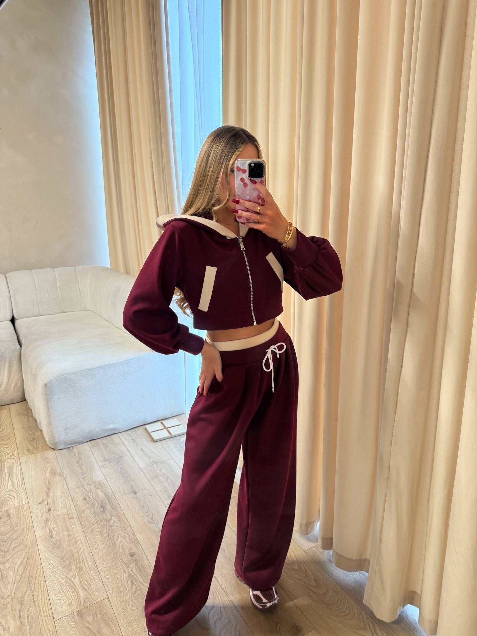 Cropped hoodie tracksuit - wine