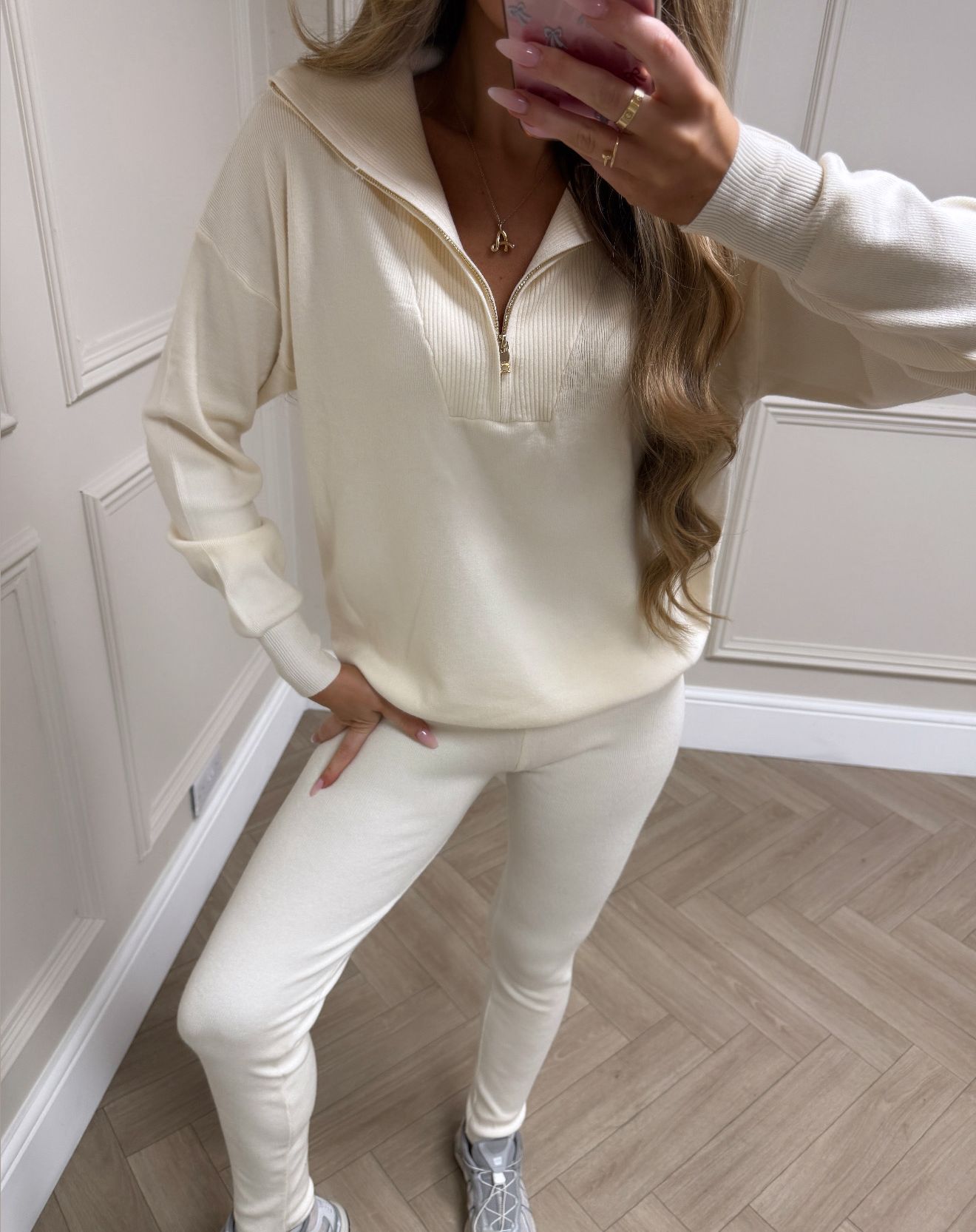 Quarter zip knit lounge set - cream