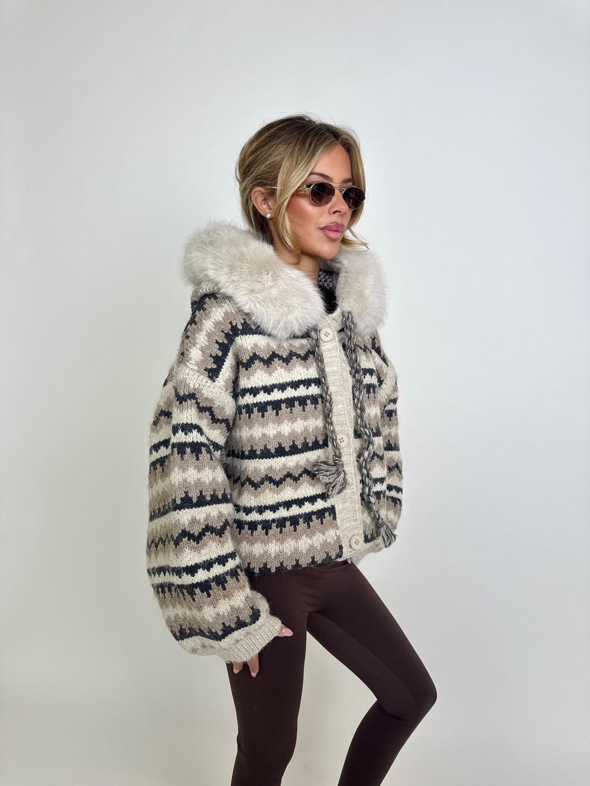 Aztec faux fur cardigan - cream