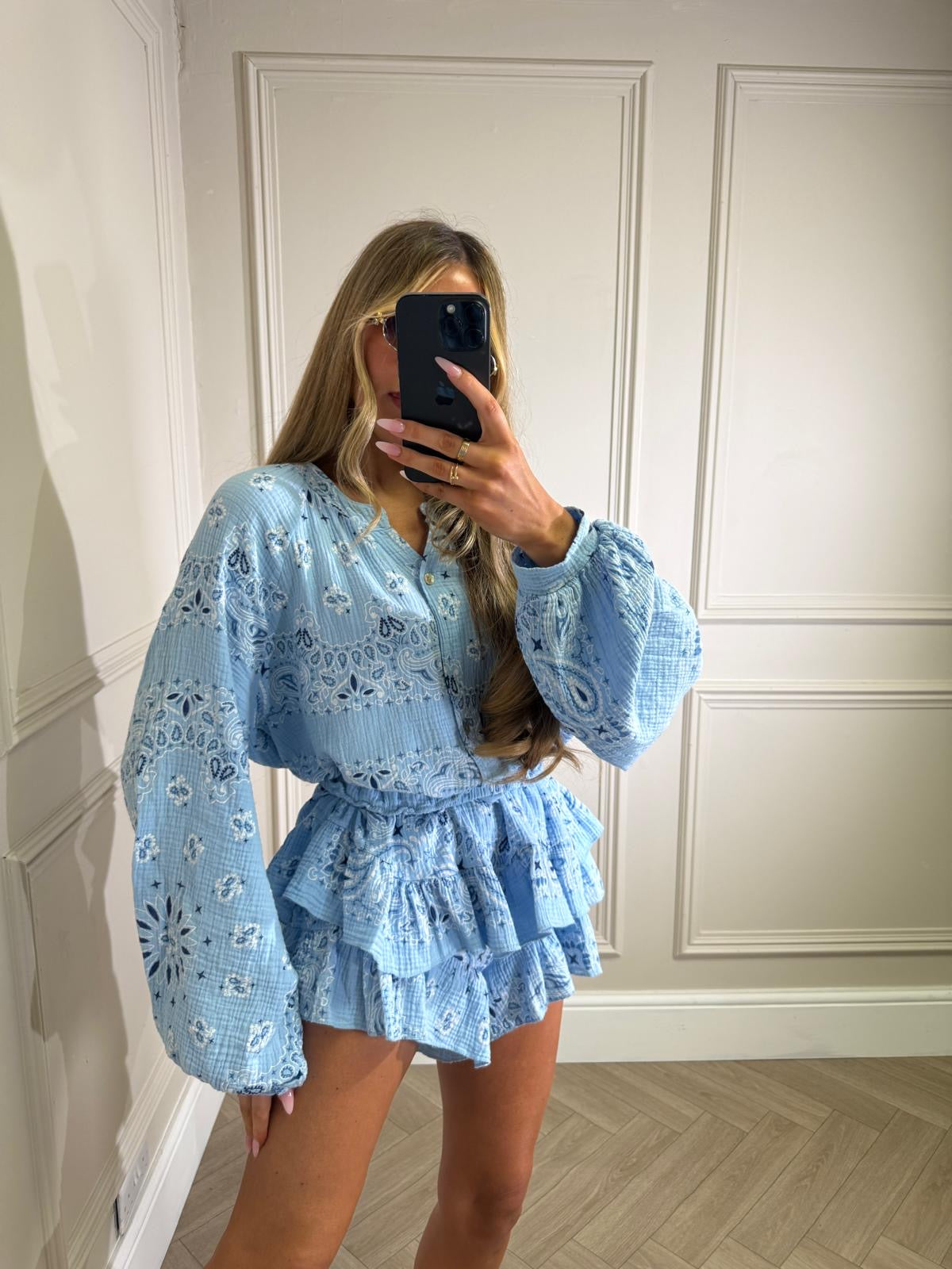Grandad collar cheesecloth co-ord - Bandana blue