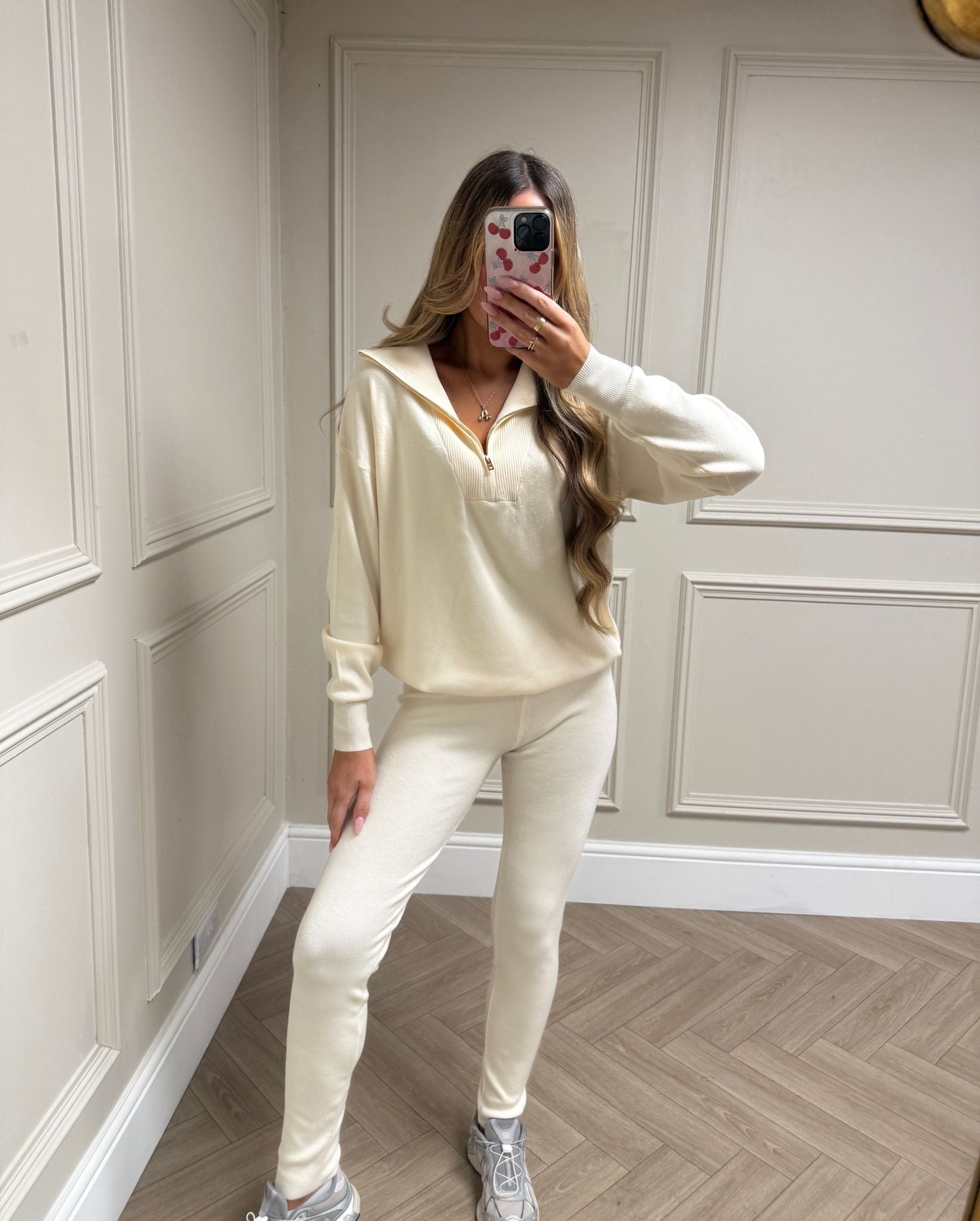 Quarter zip knit lounge set - cream