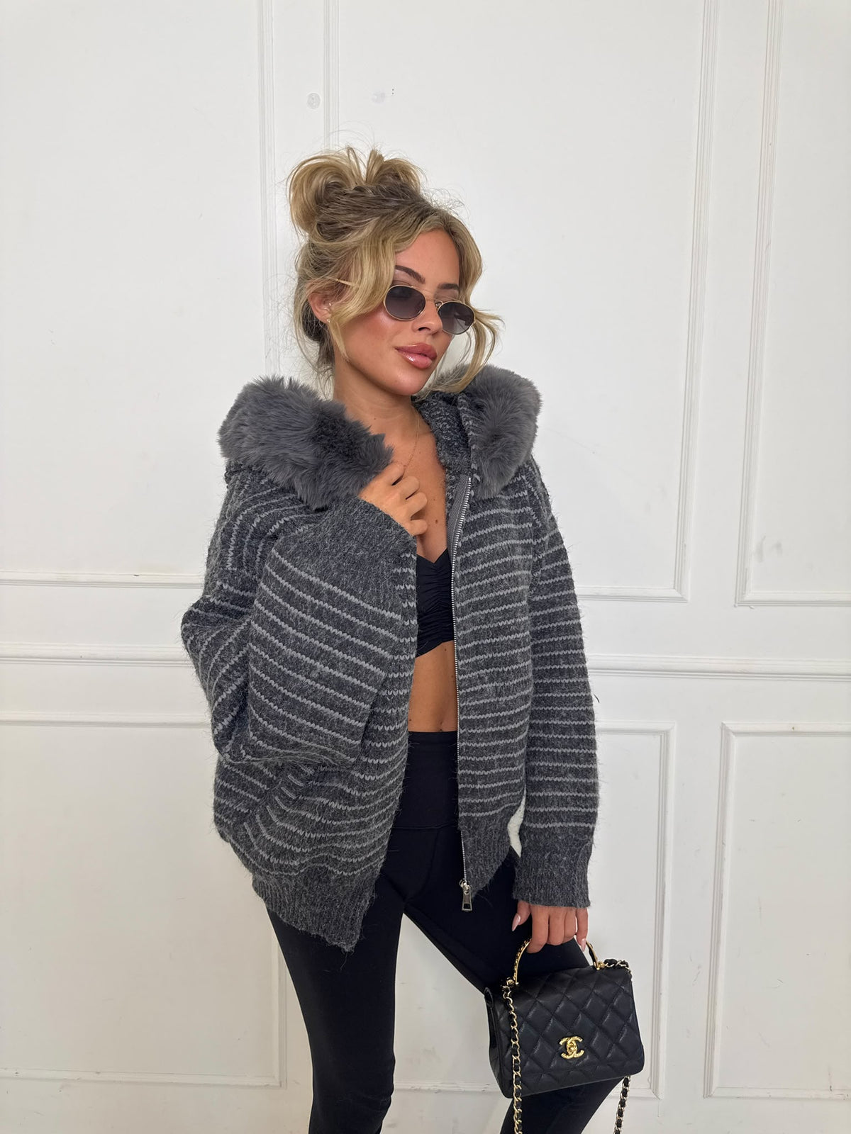 Stripe faux fur cardigan - grey