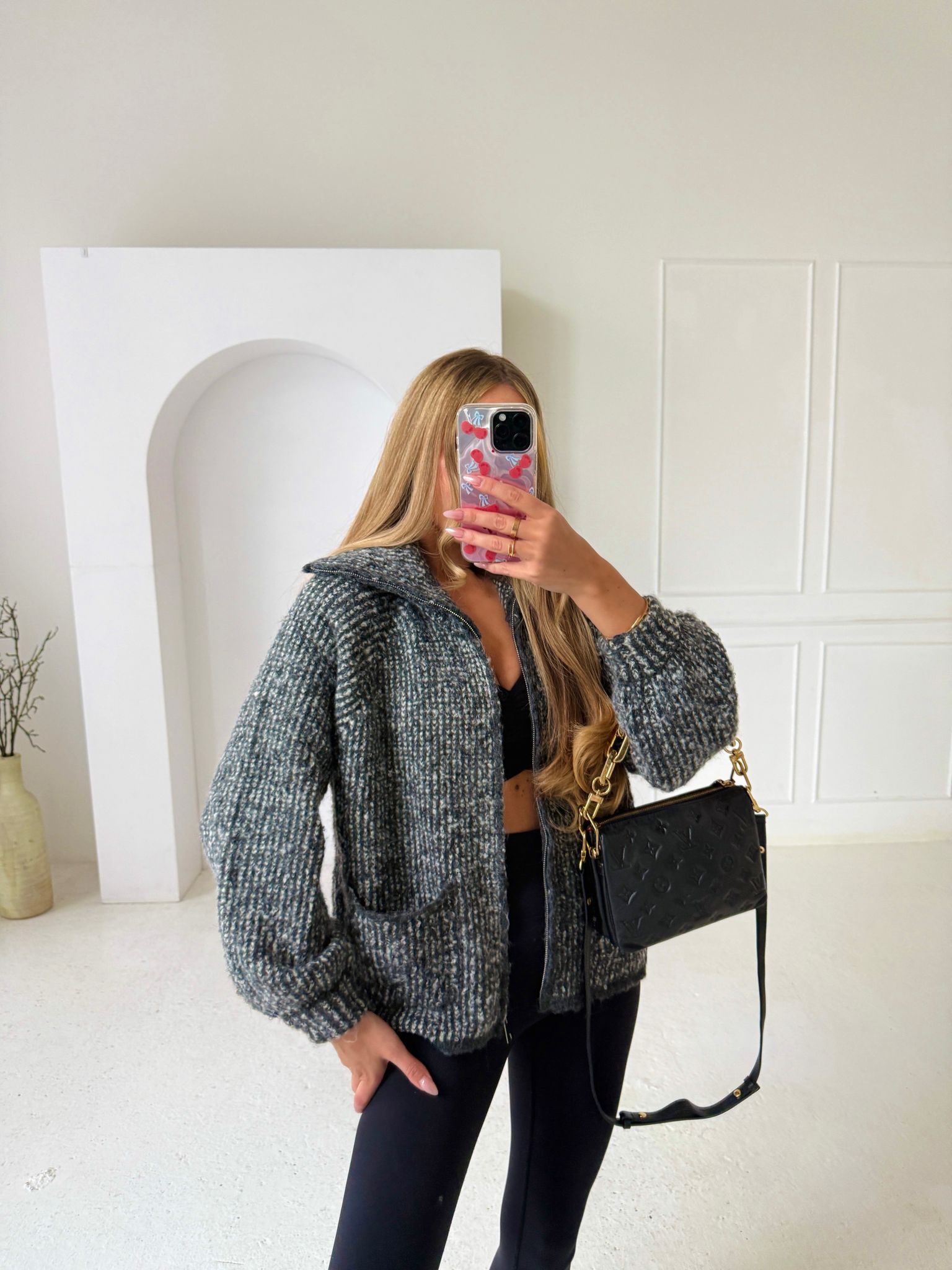 Chunky knit zip cardigan - grey