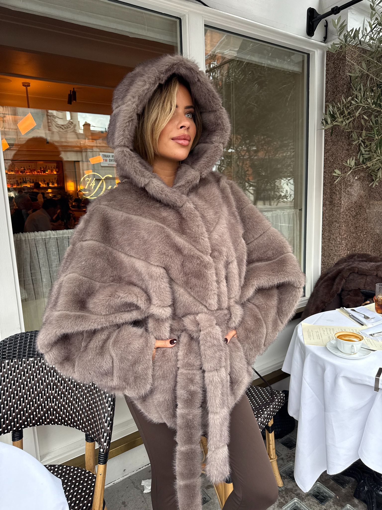 Luxury belt Faux Fur Coat - taupe