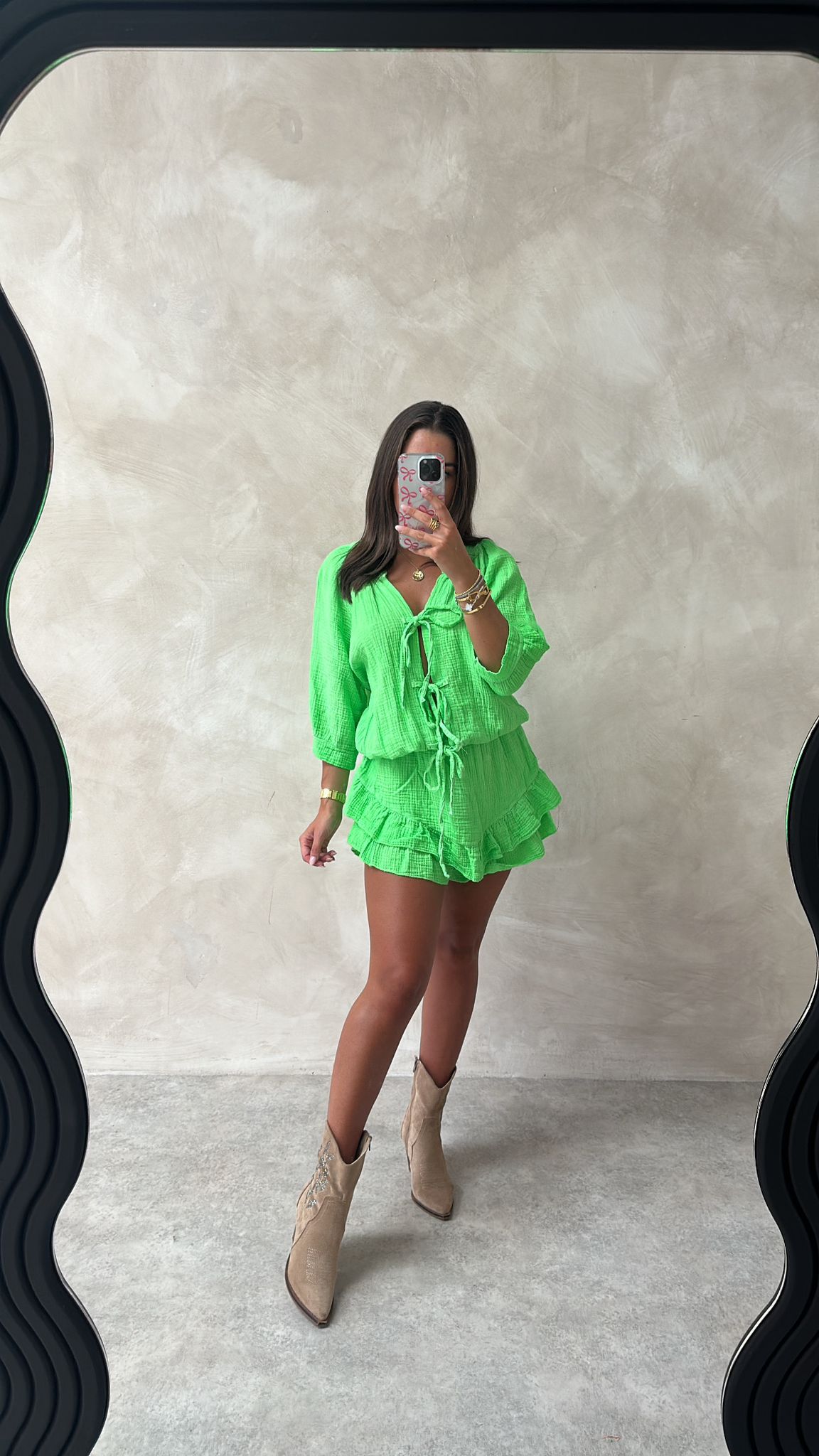 Neon Tie short sleeve cheesecloth playsuit - green