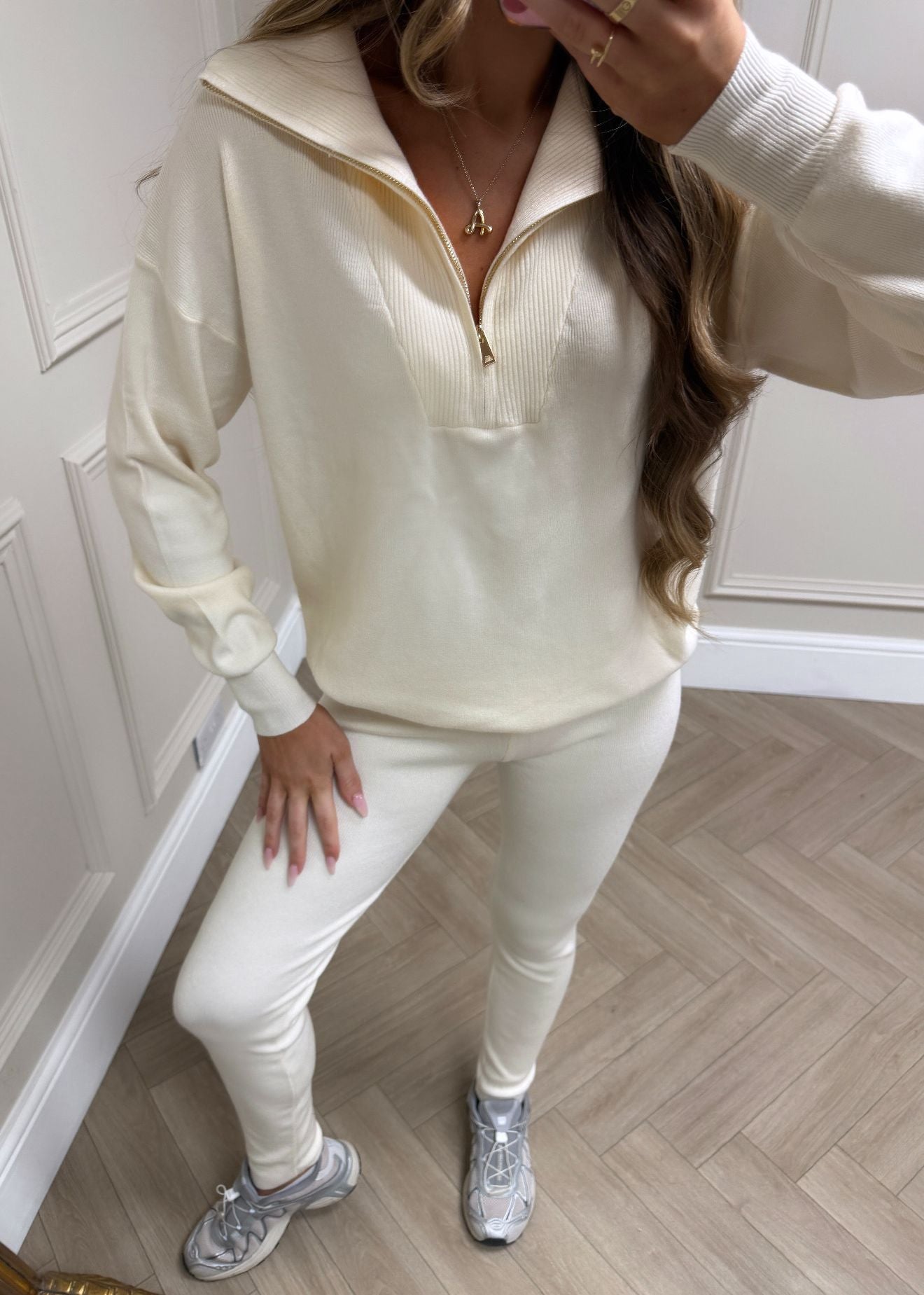 Quarter zip knit lounge set - cream