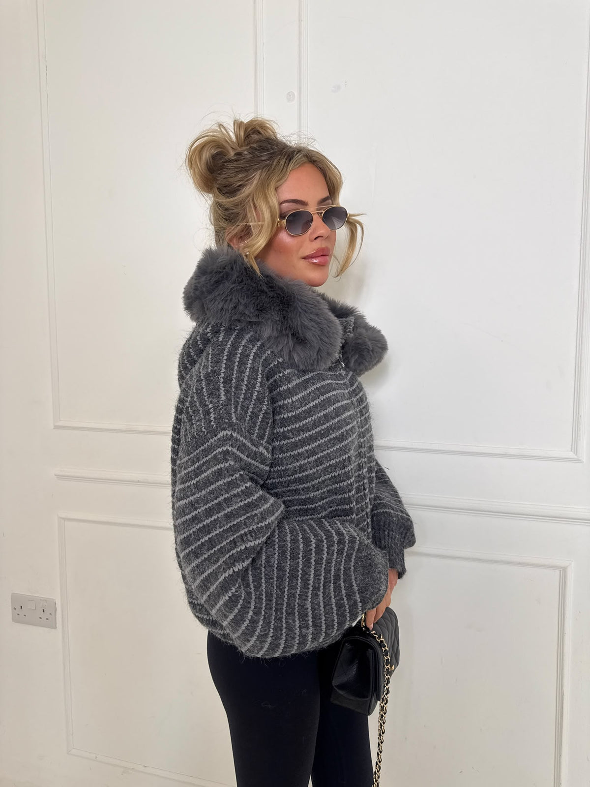 Stripe faux fur cardigan - grey