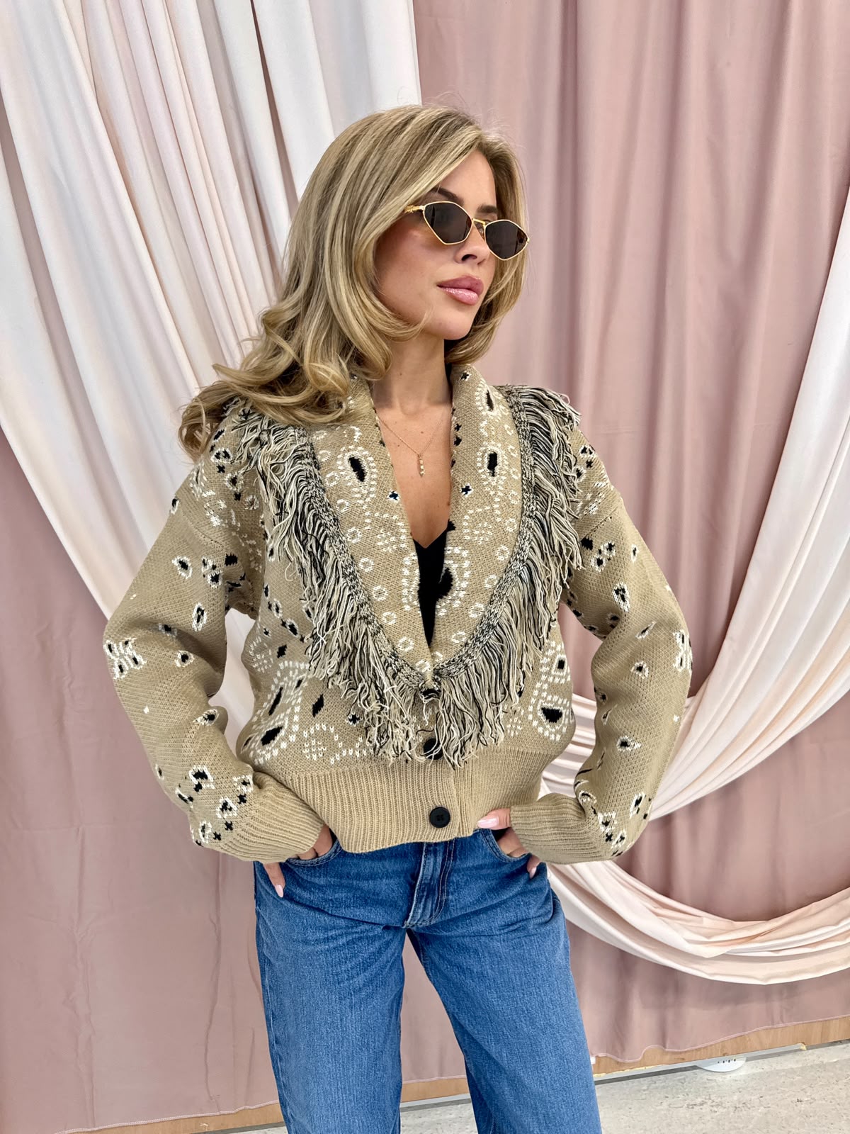 Fringe Bandana knit cardigan - beige