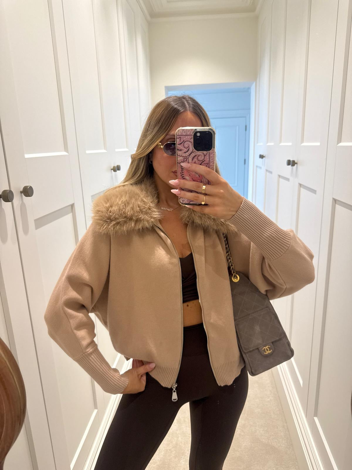 Collar fur cardigan - beige