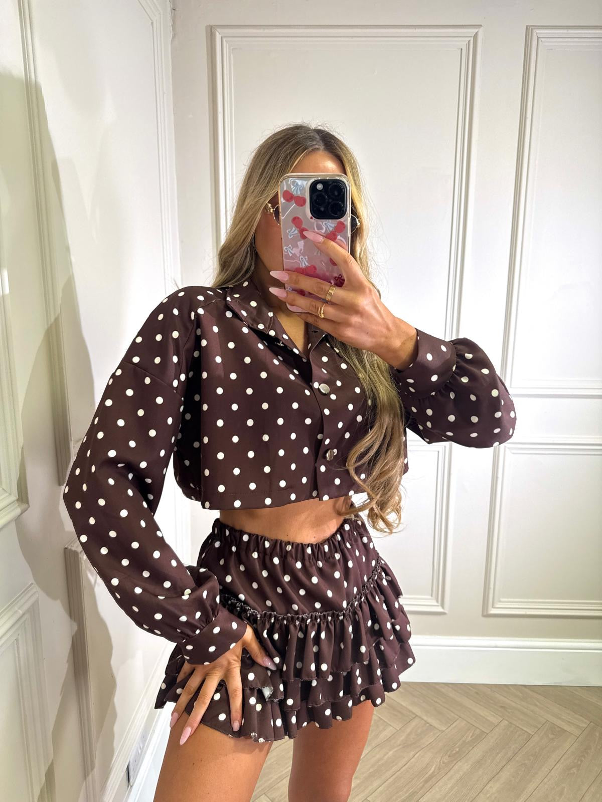 Ruffle polka dot set - brown