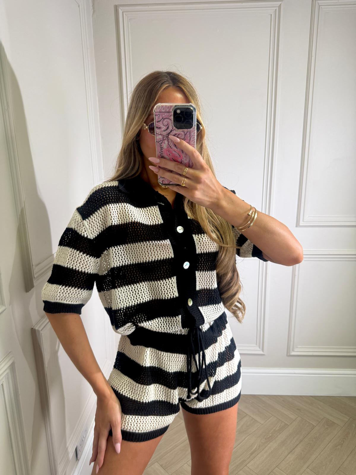 Stripe crochet short set - black