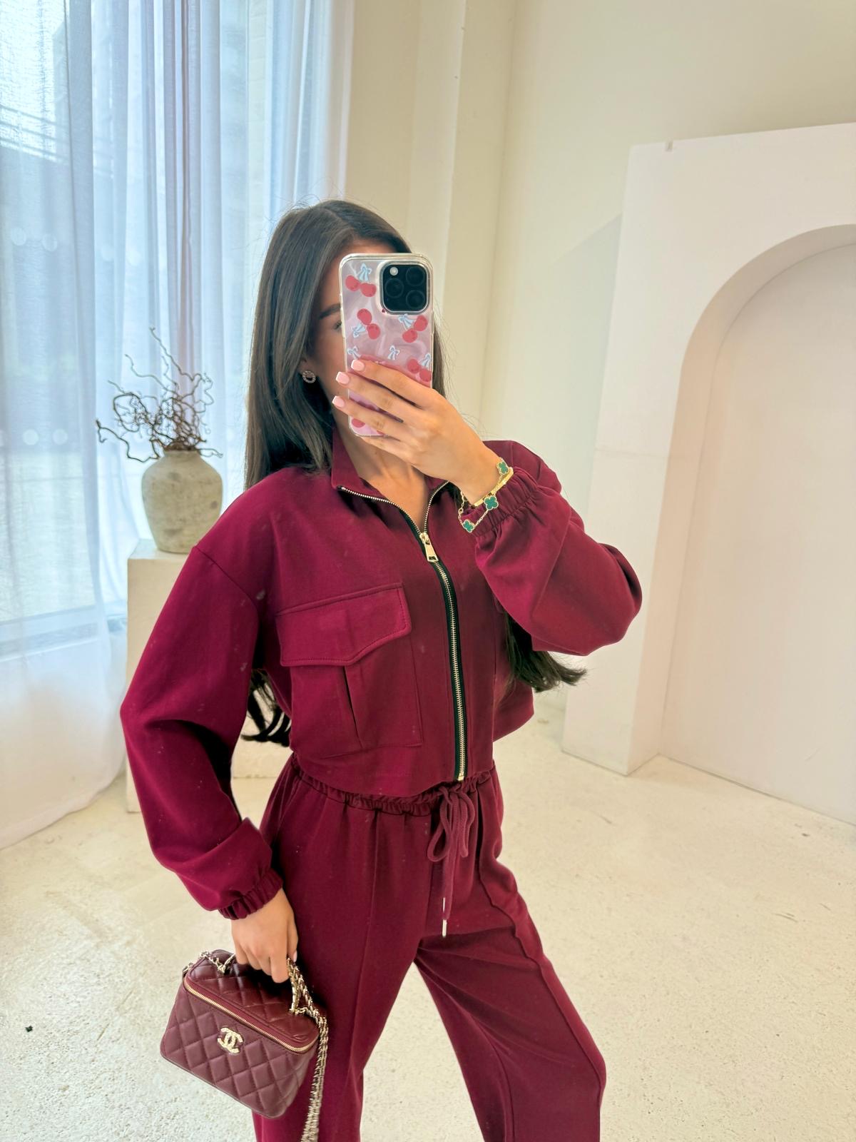 Gold zip pocket tracksuit - wine