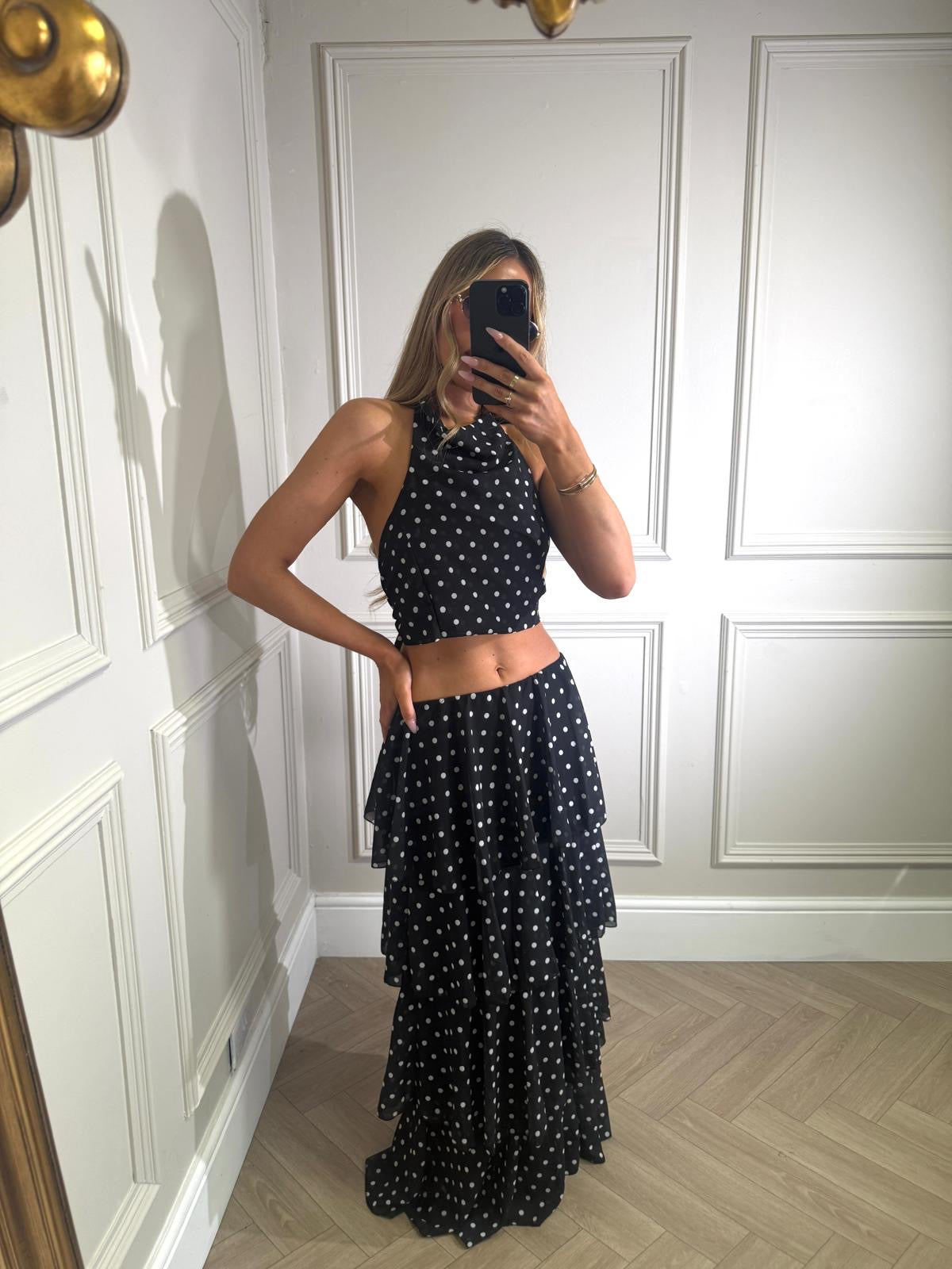 Maxi ruffle dot skirt set - black