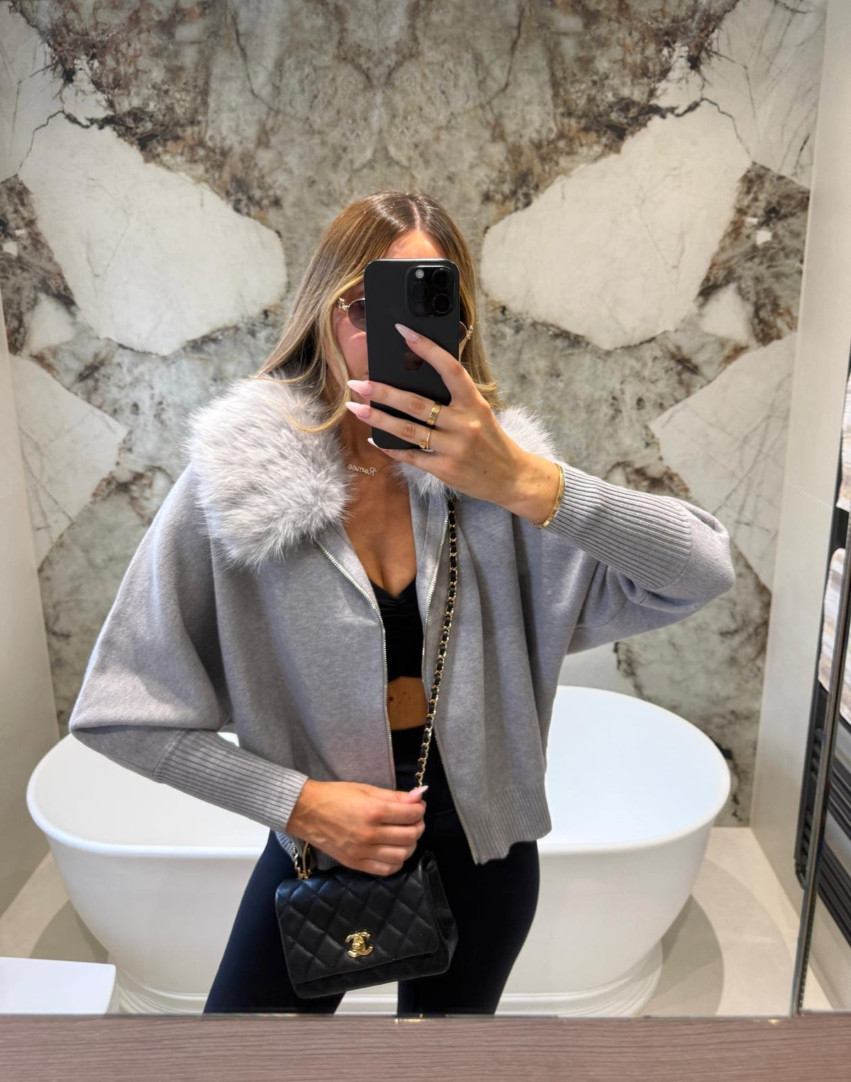 Collar fur cardigan - grey