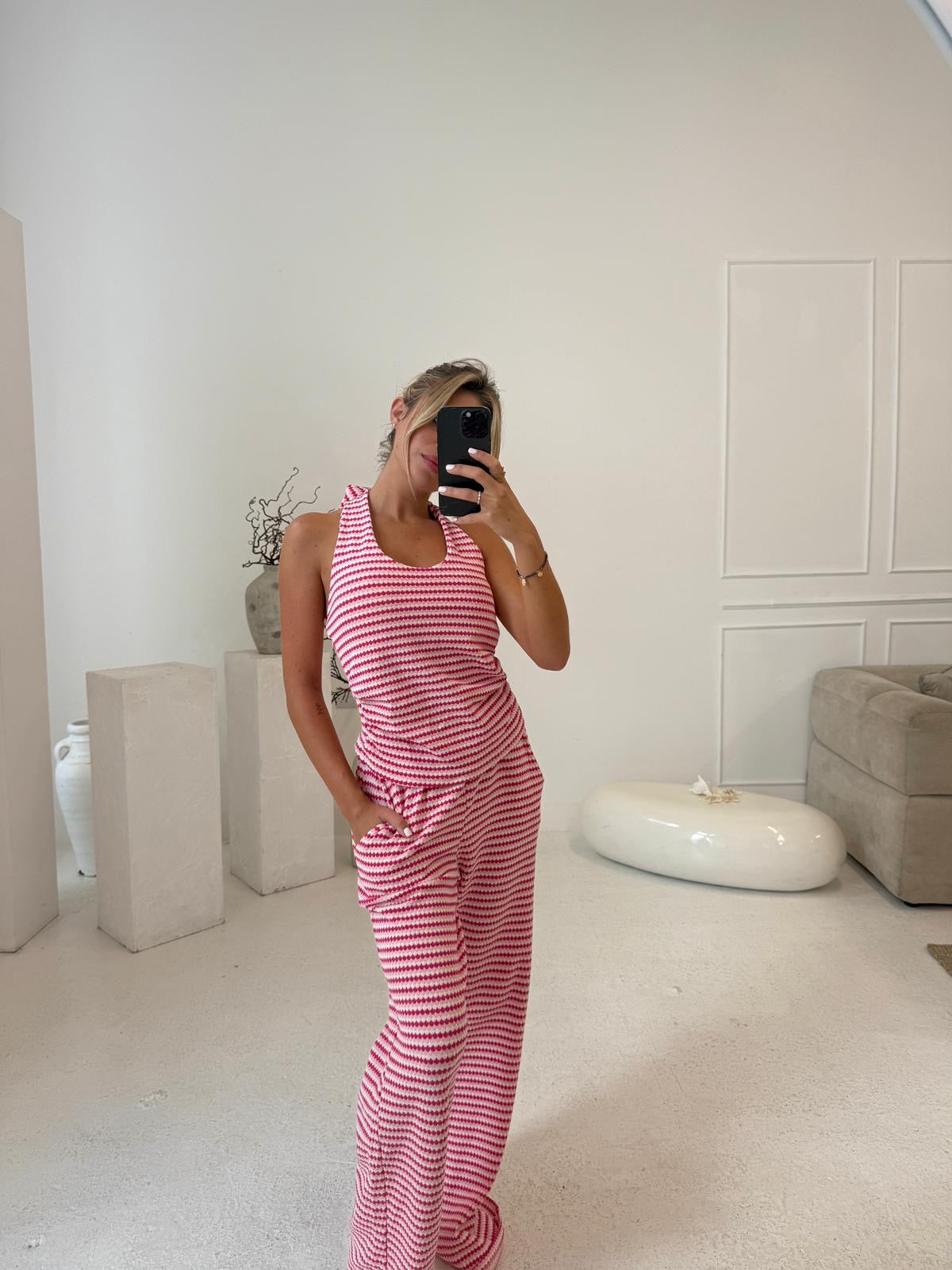 Halterneck stripe lounge set - pink