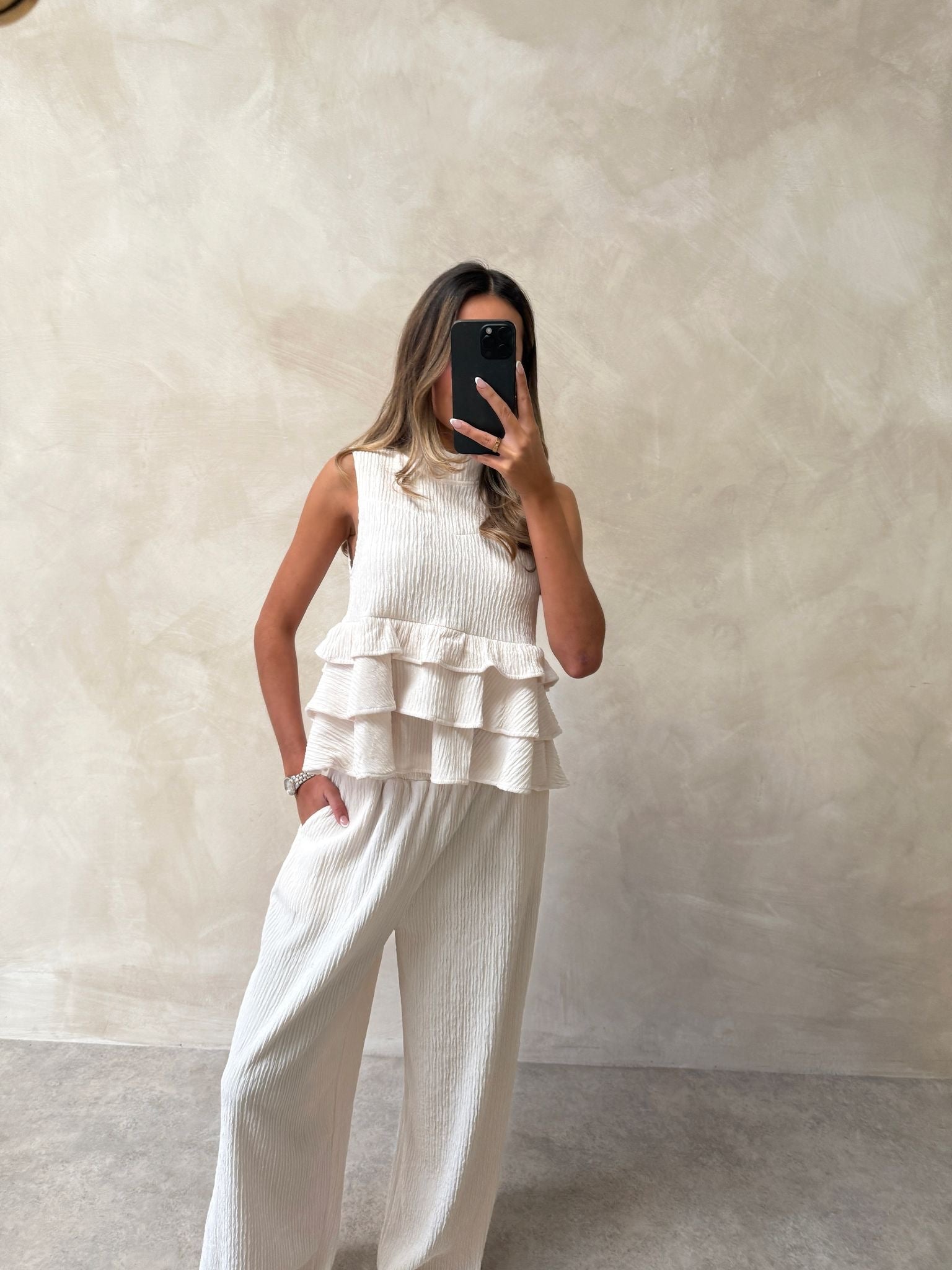 Frill Top trouser set - cream