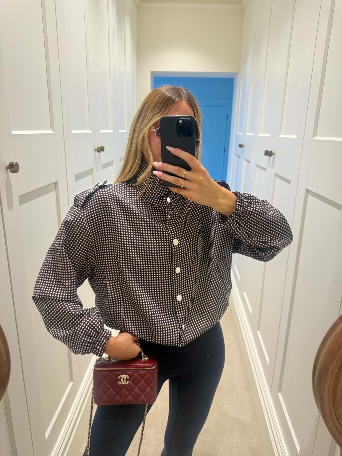 Silver button gingham jacket - wine