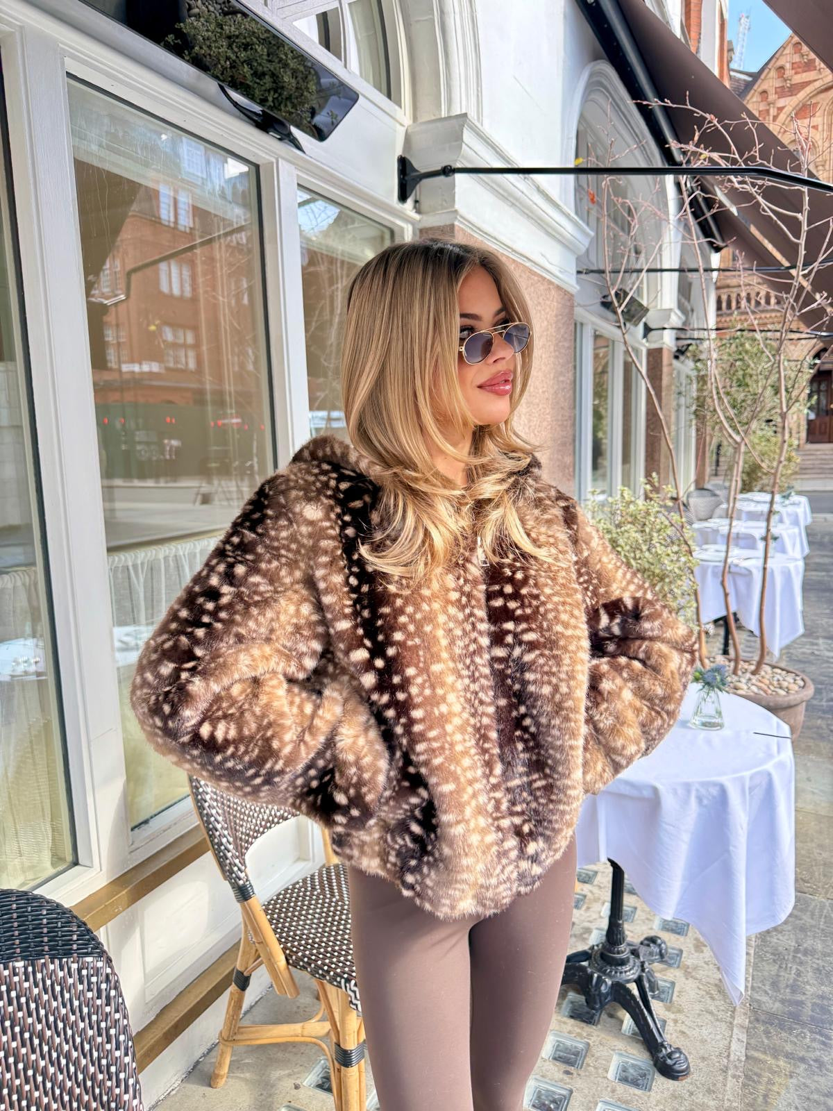 Deer print faux fur jacket