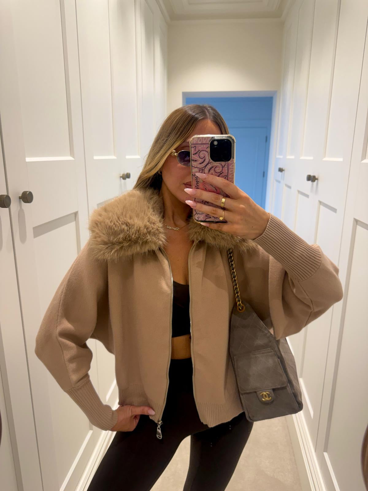 Collar fur cardigan - beige