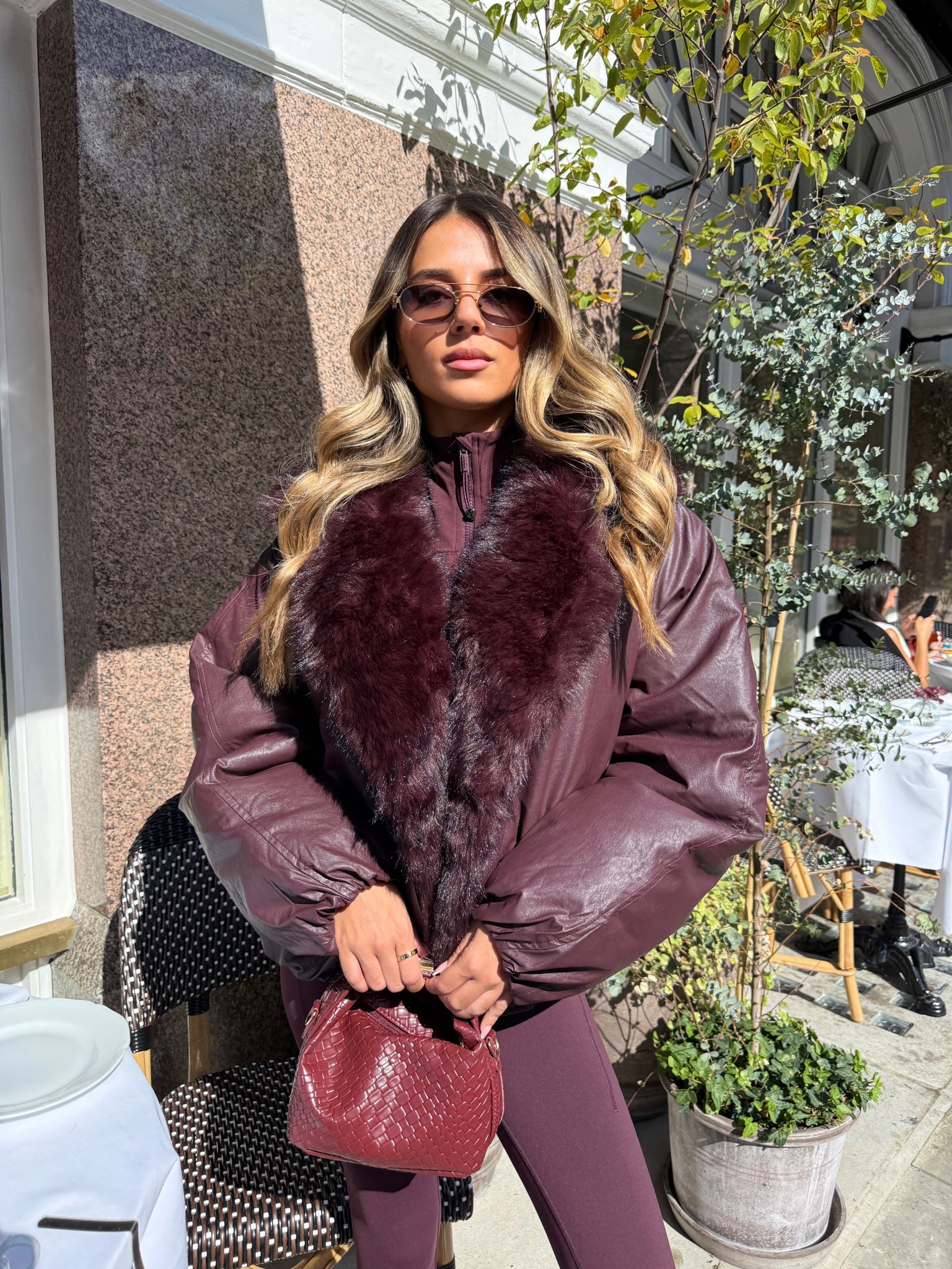 Faux fur leather coat - burgundy