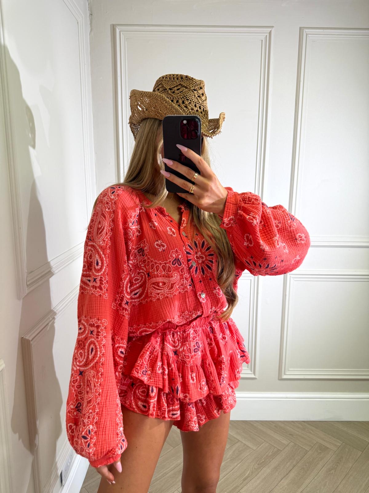 Grandad collar cheesecloth co-ord - Bandana coral