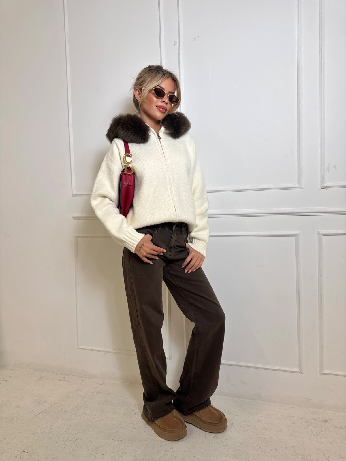 Luxury Fur Cardigan Jacket -  cream with brown fur PRE ORDER