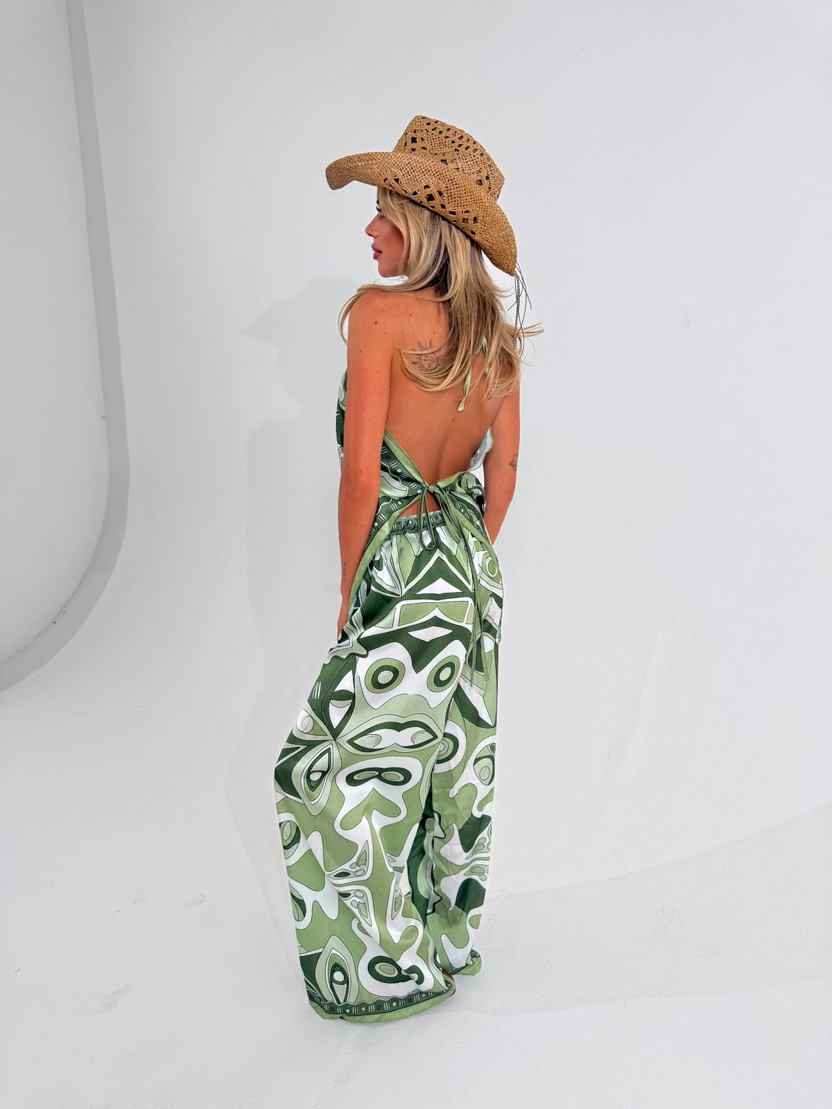 Pattern halterneck top & trouser set - green