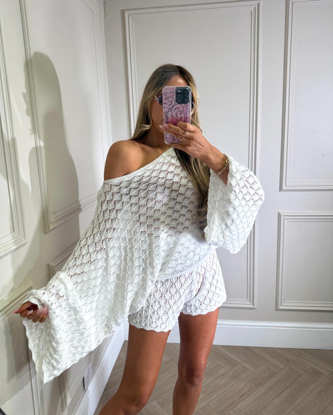 Off shoulder crochet co-ord - white