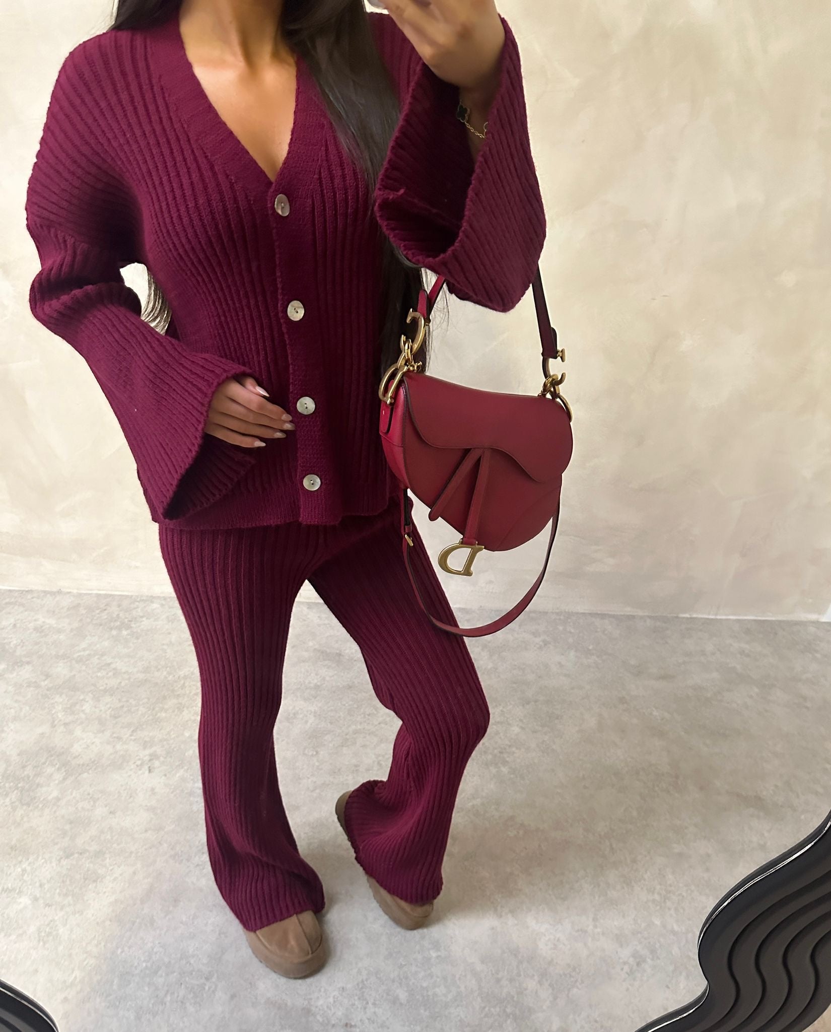 Knit cardigan lounge set - burgundy