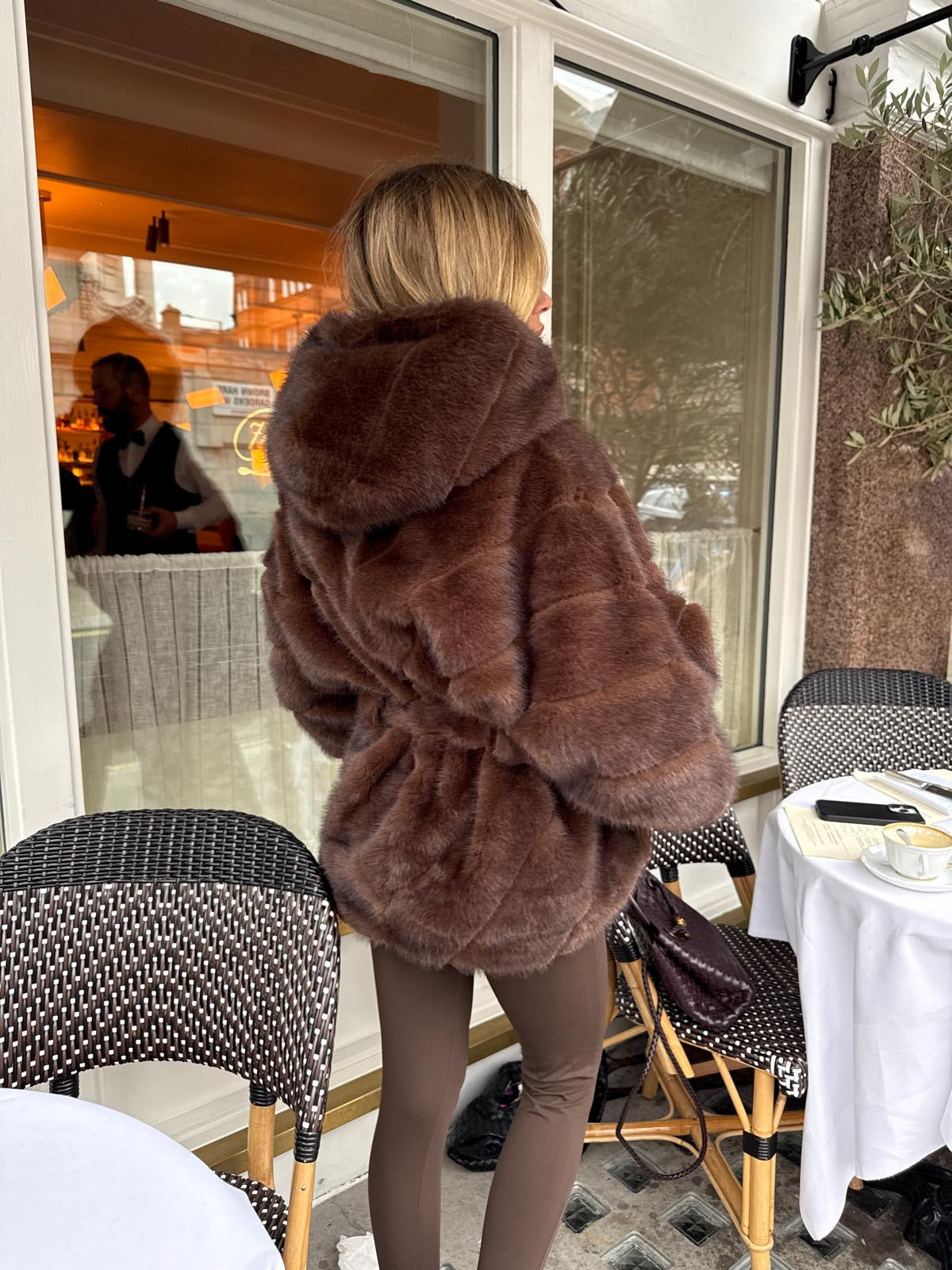 Luxury belt Faux Fur Coat - chocolate