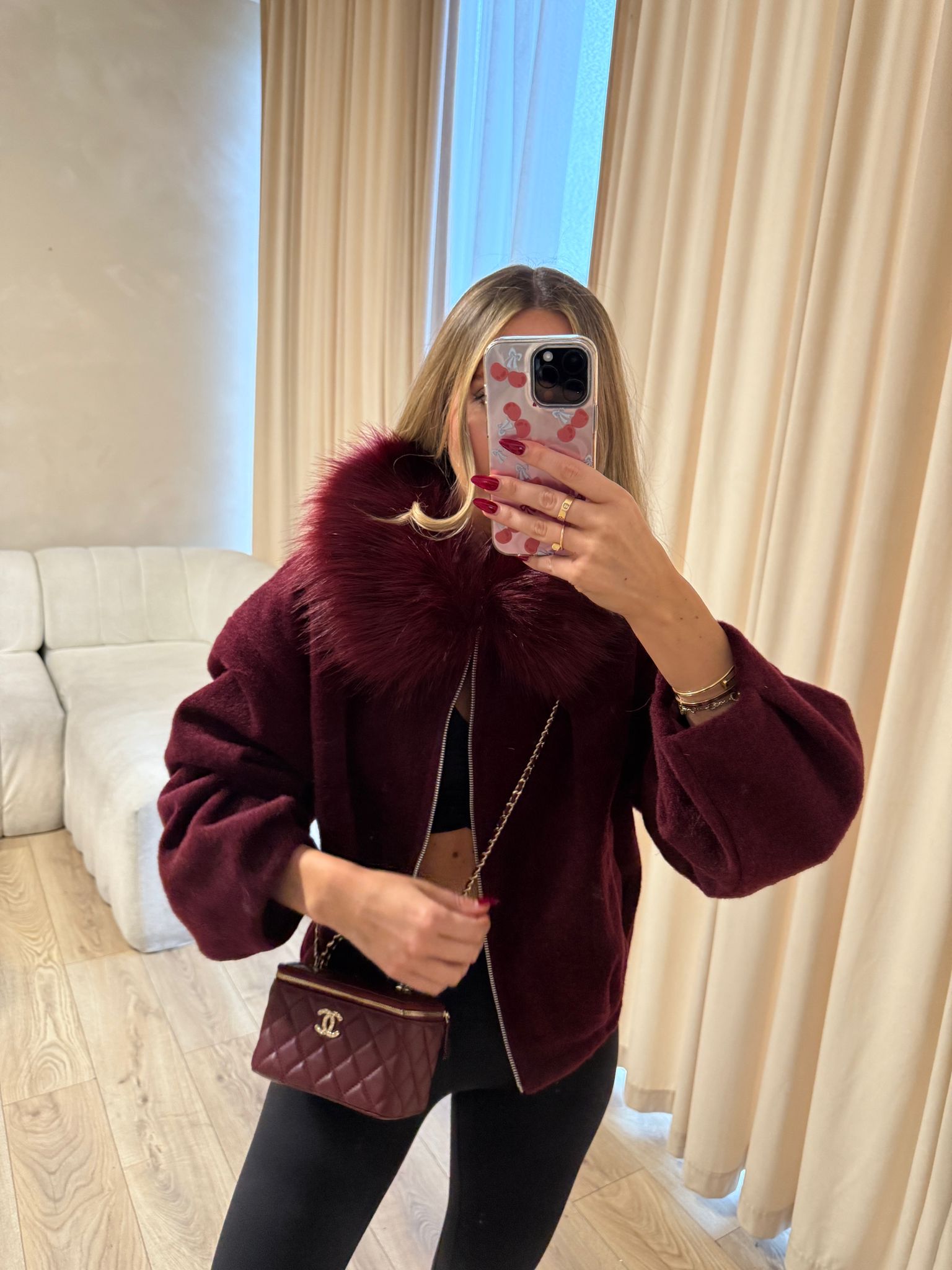 FIFI fur collar jacket - wine