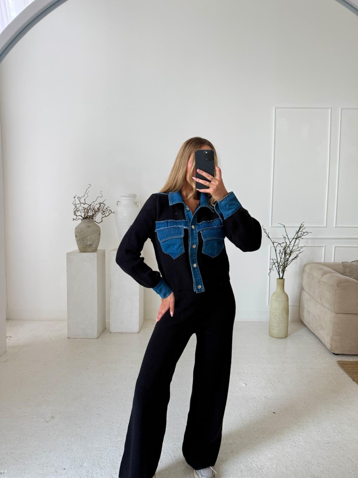 Collar Knit Denim Lounge Set - Black