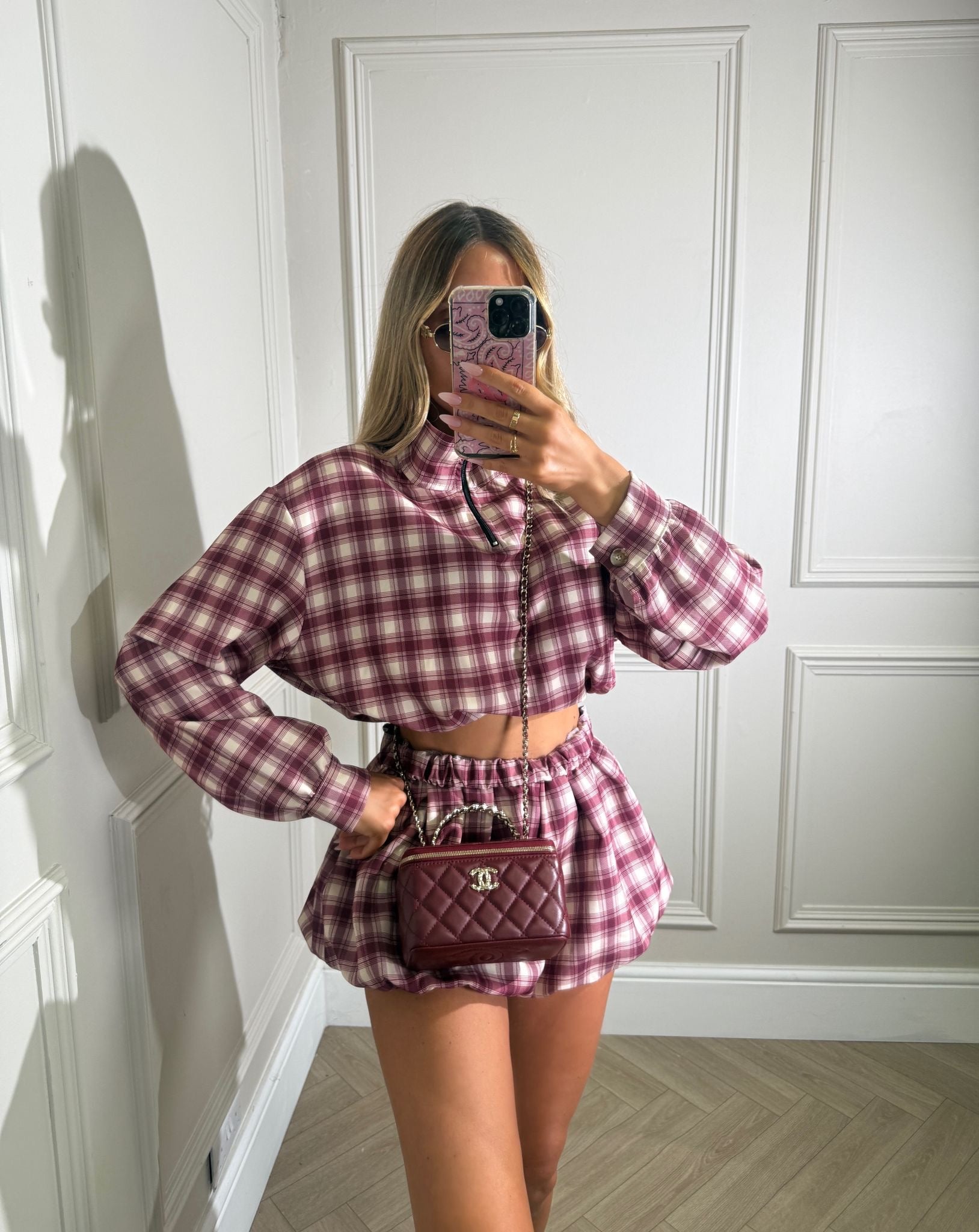 Check half zip co-ord - Burgundy