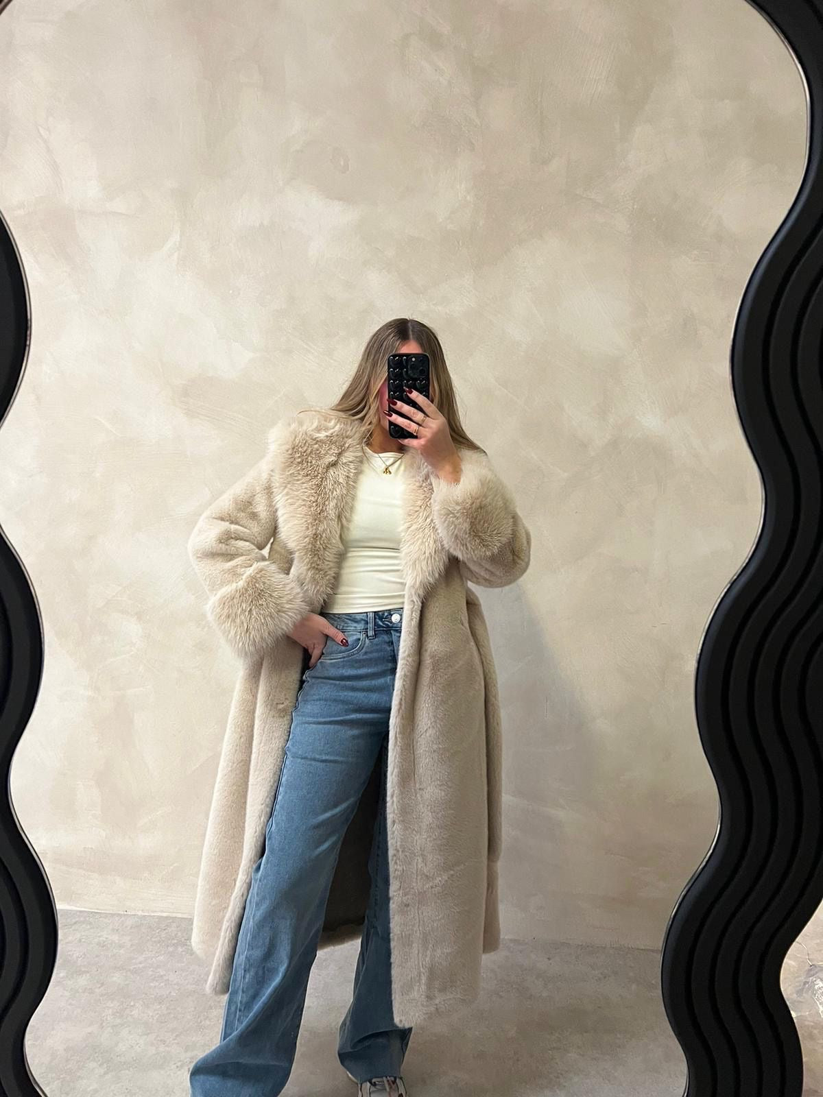 Luxury belted faux fur coat - cream