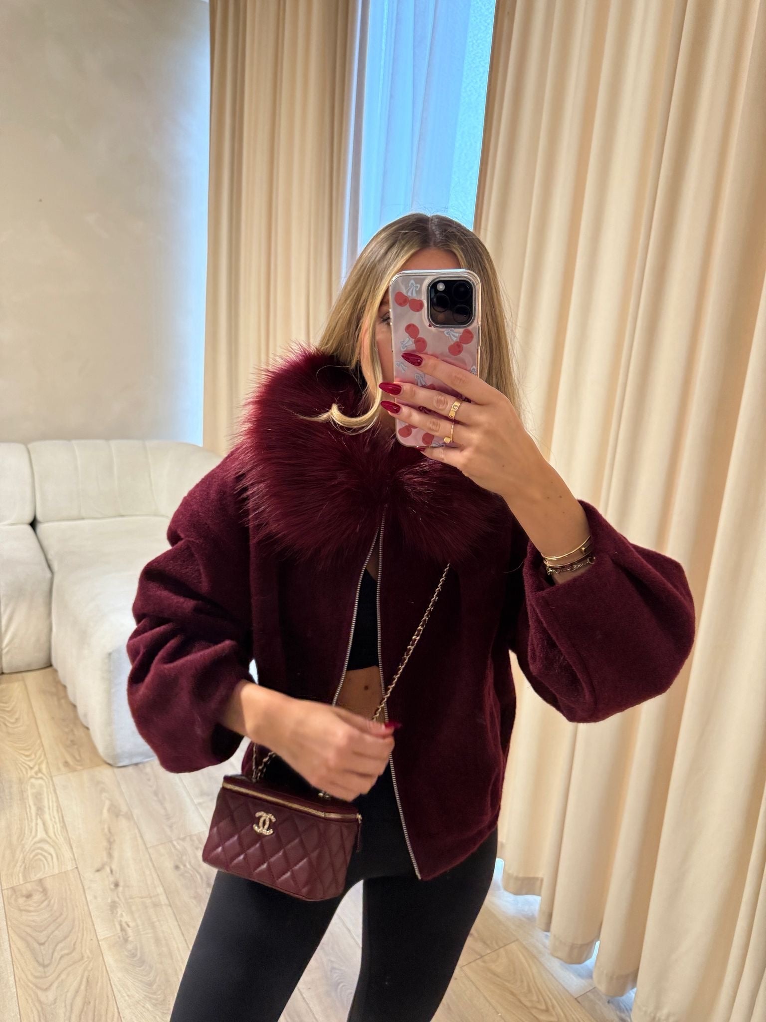 FIFI fur collar jacket - wine